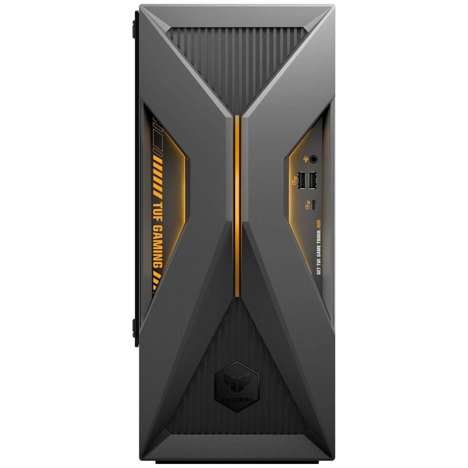 Front view of a gray Asus TUF Gaming PC tower with orange accents and ports.