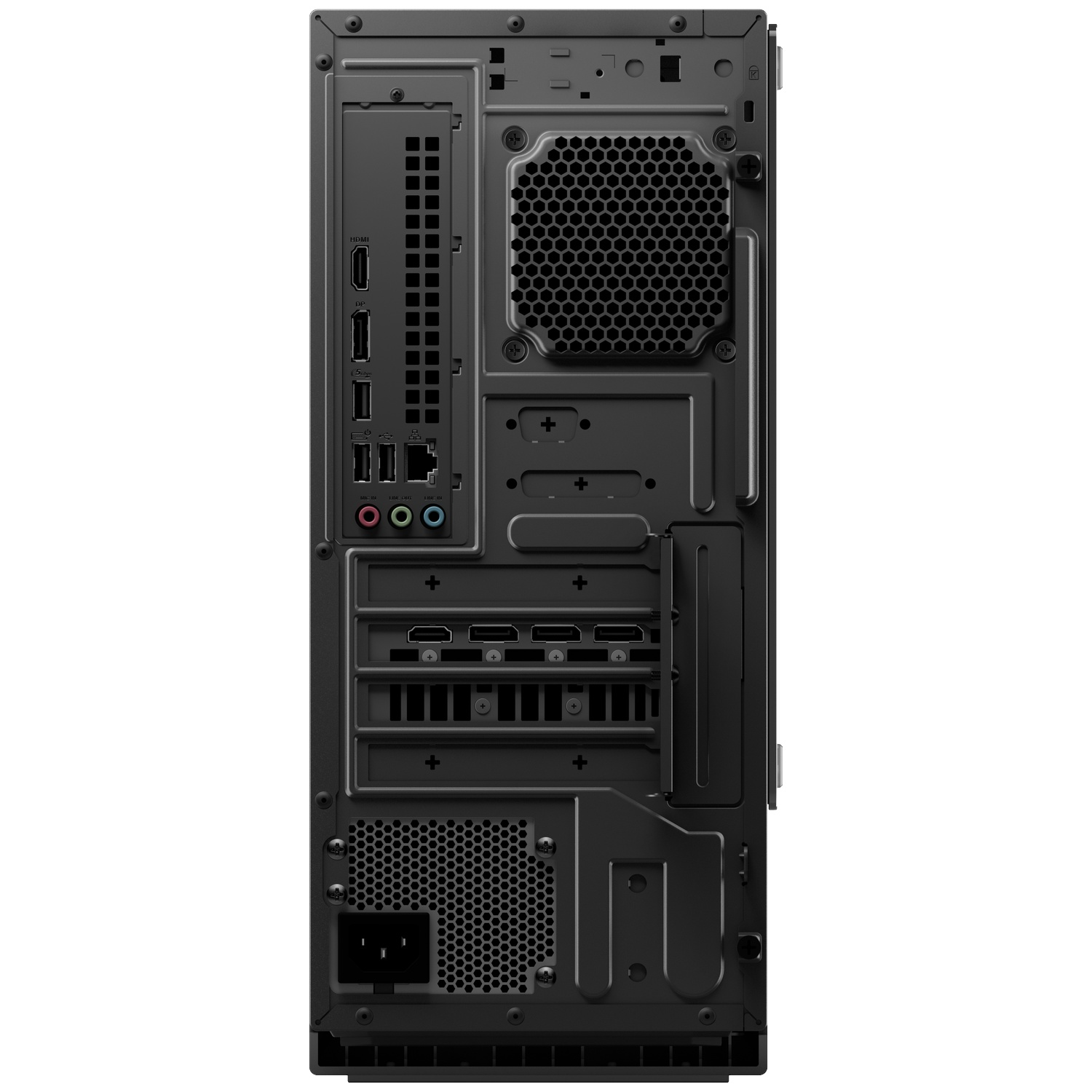 Rear view of a black desktop computer case showing I/O ports, expansion slots, power supply, and a cooling fan.