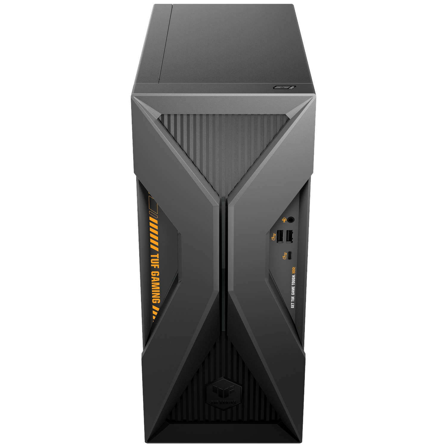 Front view of a black Asus TUF Gaming PC case with orange accents.