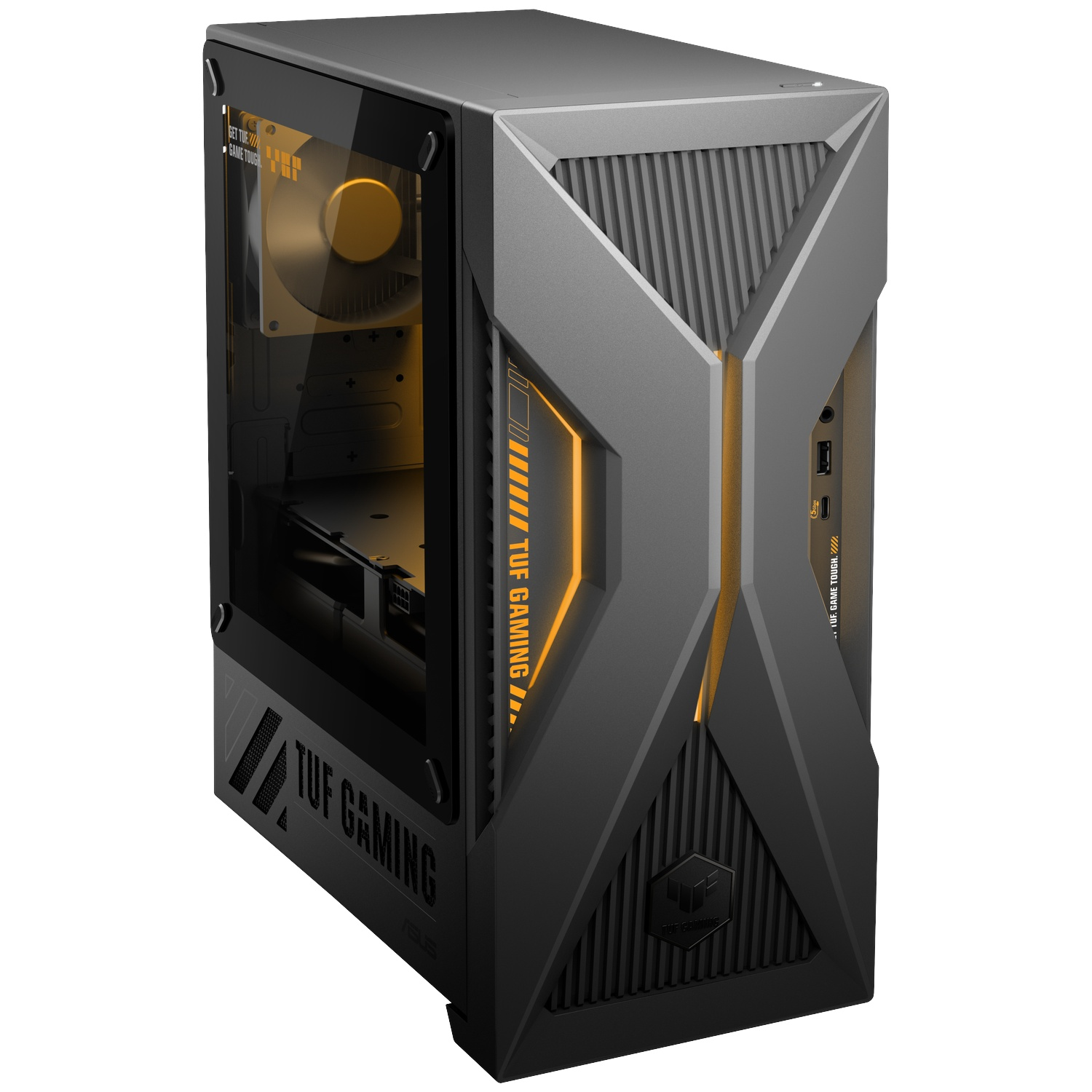 Grey Asus TUF Gaming PC tower with glass side and yellow lighting.