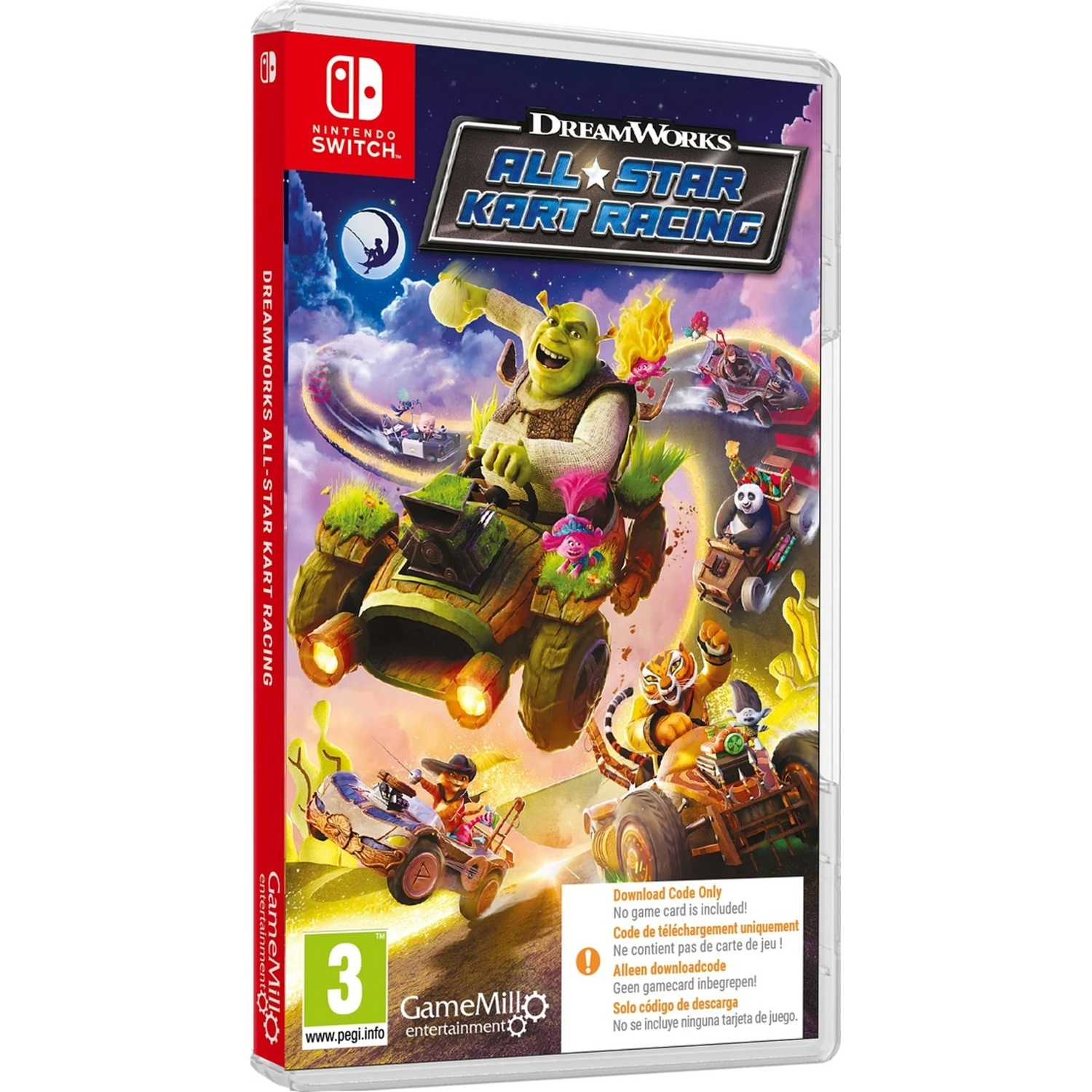 DreamWorks All Star Kart Racing game case for Nintendo Switch featuring Shrek and other characters.