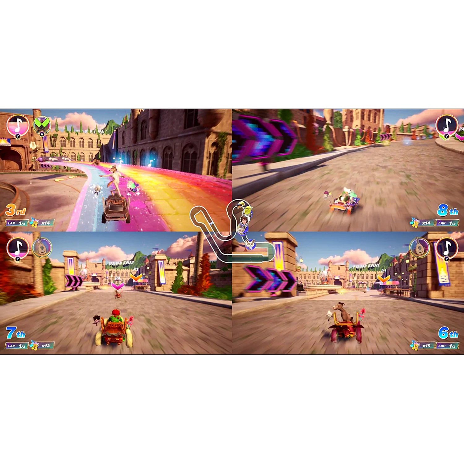 Split-screen shows four players in a colorful kart racing game on a stone track.