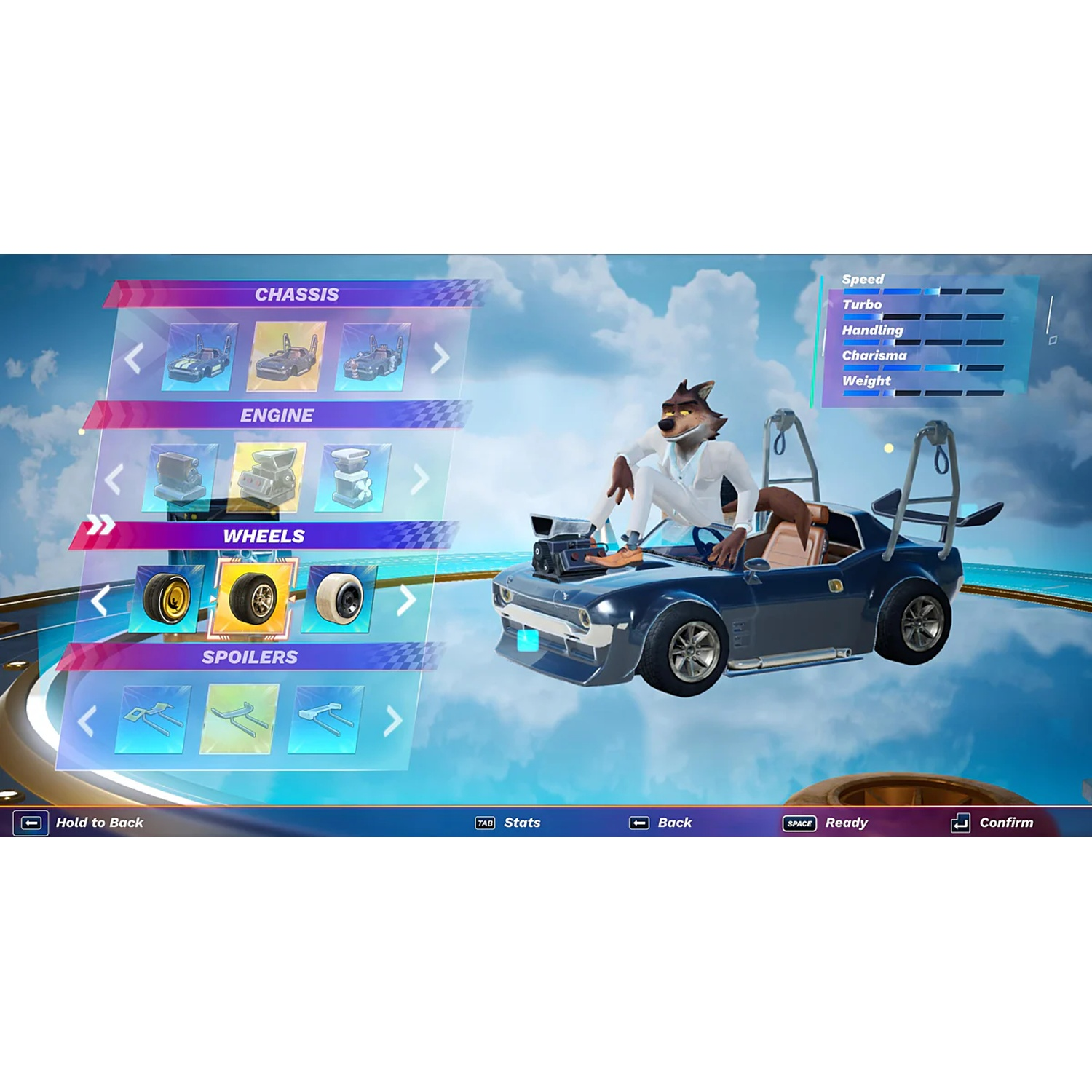 Car customization menu with a wolf sitting on the hood of a blue sports car.