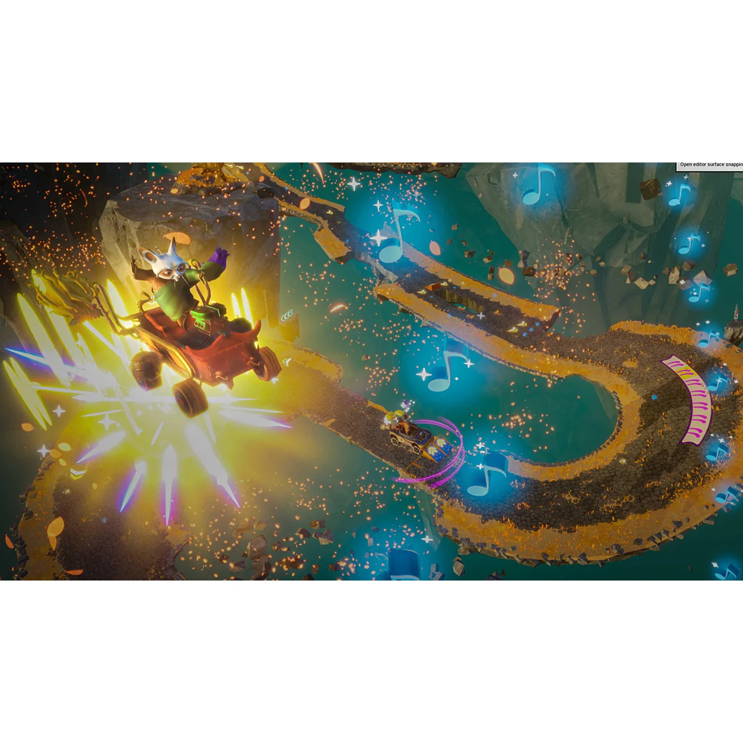 A game character in a race car speeds across a glowing, curved track with floating musical notes.