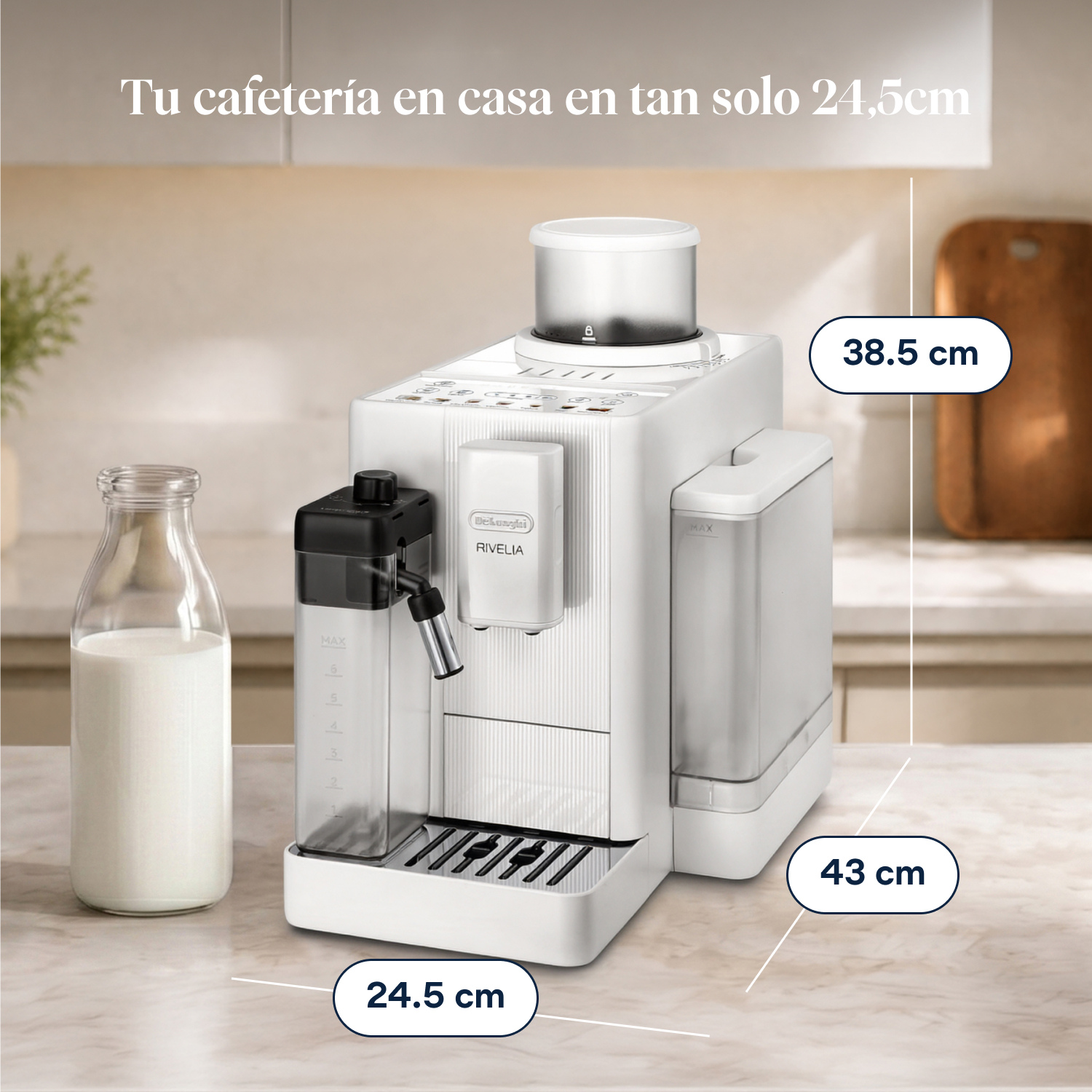 Tu cafetería en casa en tan solo 24,5cm. 38.5 cm. 43 cm. 24.5 cm.