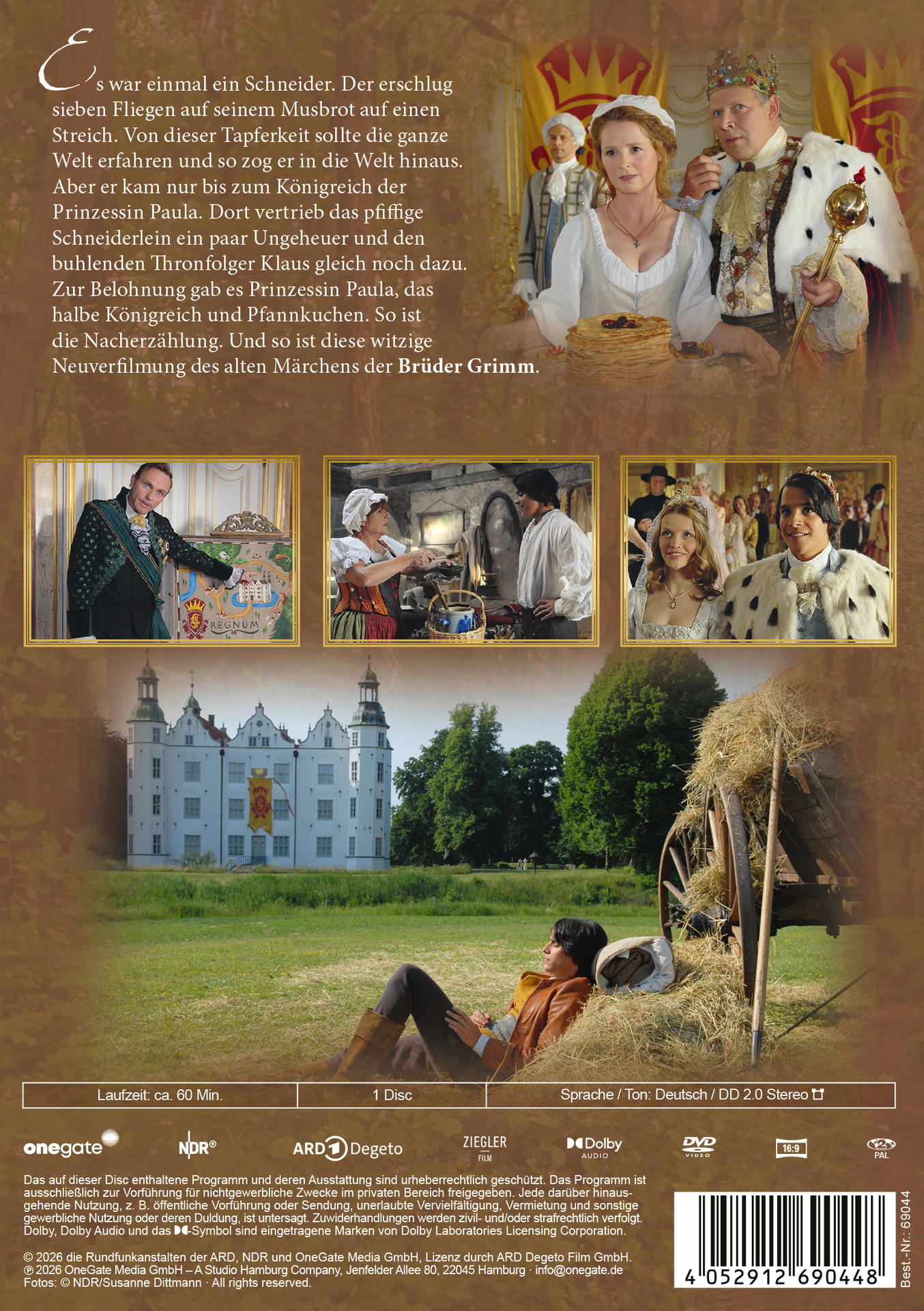 Filmposter mit einer Prinzessin, einem König, Szenenbildern, einem weißen Schloss und einem jungen Mann im Heu.