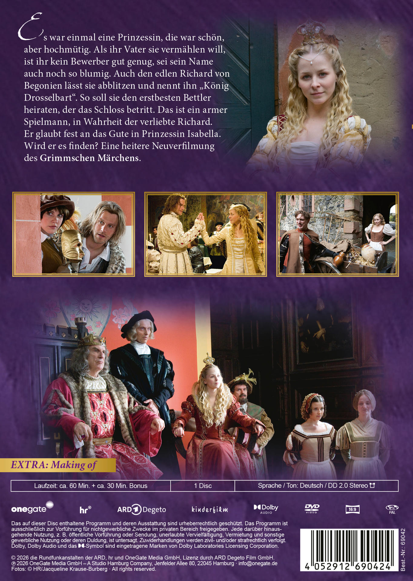 DVD-Cover des Märchenfilms König Drosselbart mit Szenenbildern, Text und violettem Hintergrund.