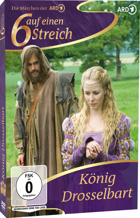 DVD-Cover von König Drosselbart mit Prinzessin und Bettler in einer grünen Landschaft.