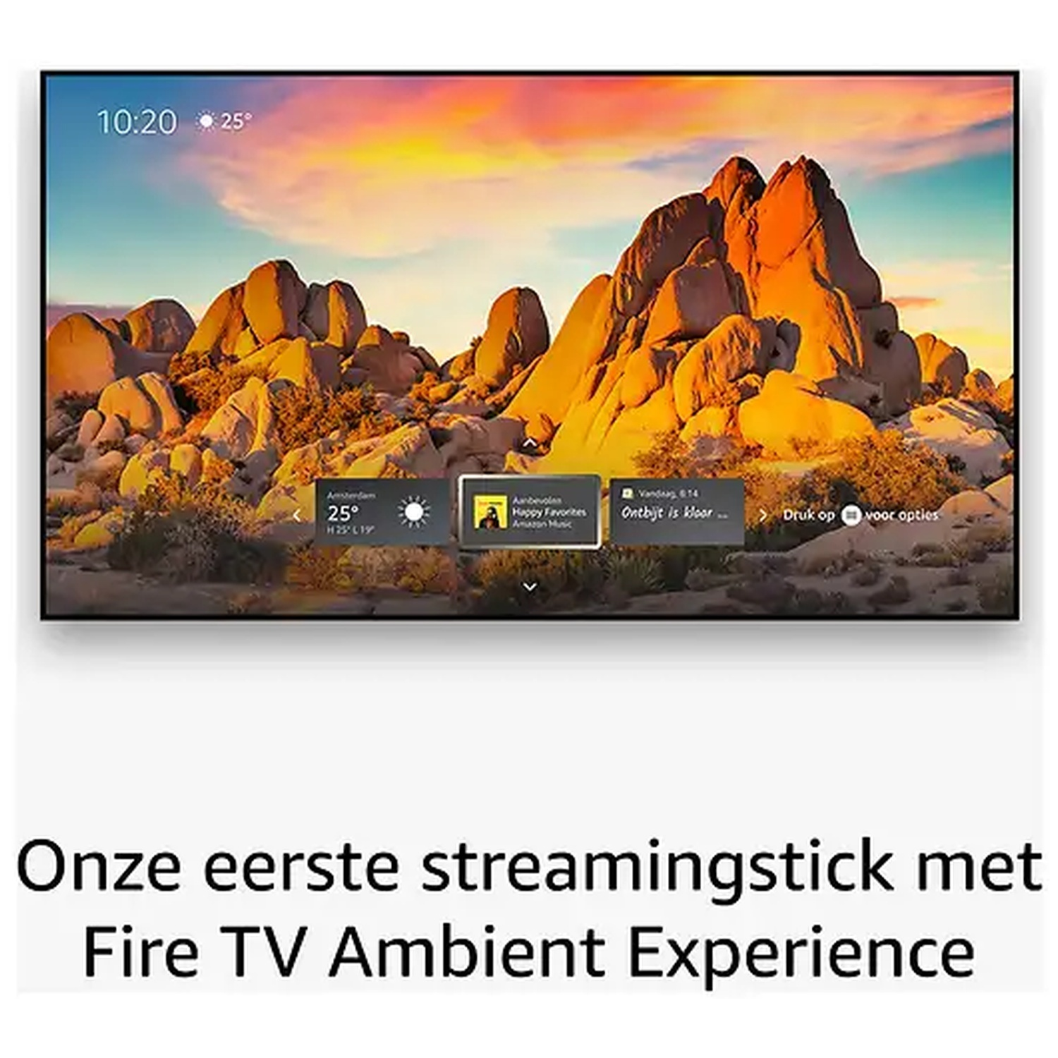 A television displays a sunny mountain landscape with an interface and text.