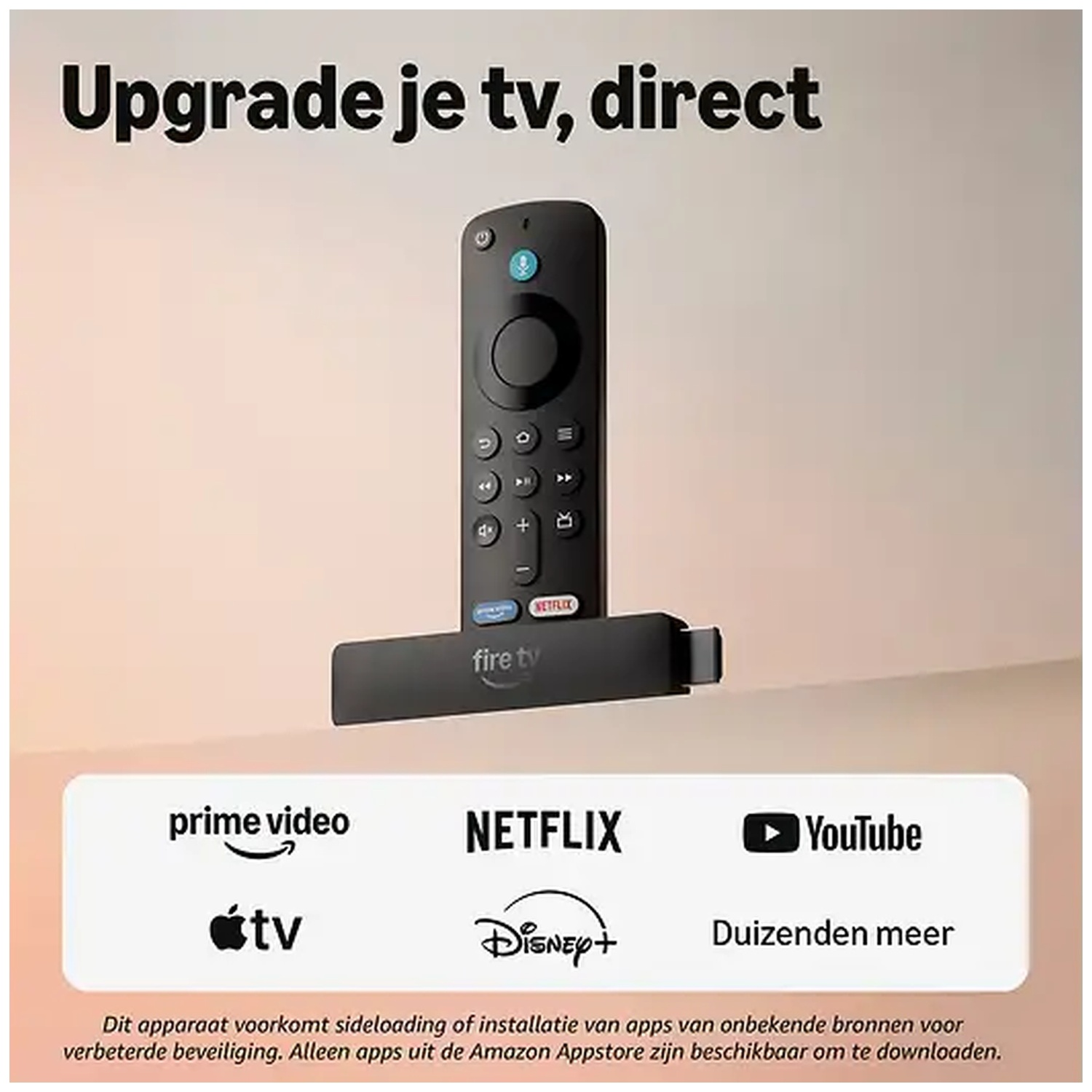 A Fire TV Stick with remote against a beige wall, featuring app logos below.