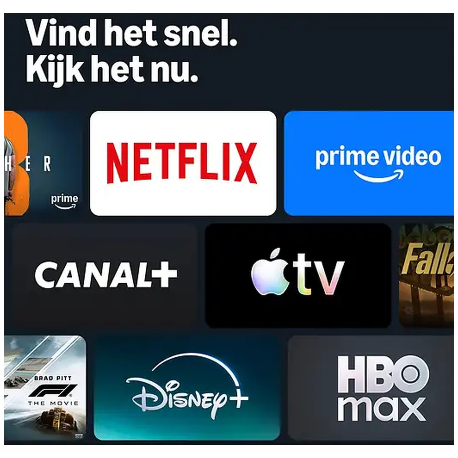 App icons for Netflix, Prime Video, Canal+, Apple TV, Disney+, and HBO Max against a dark background with text.