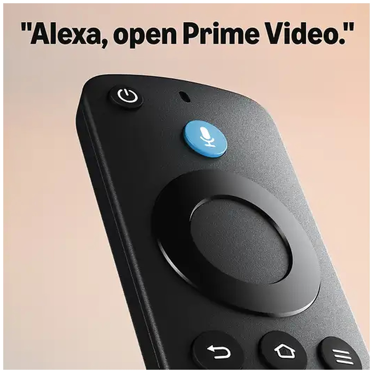 Black remote with blue mic button and text 'Alexa, open Prime Video.' above.