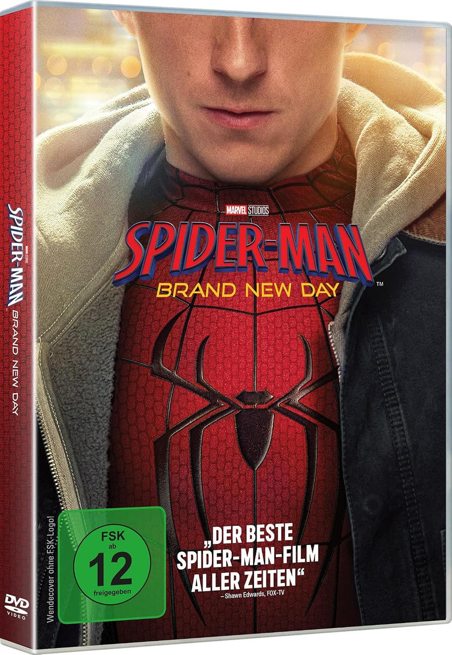 DVD-Hülle von Spider-Man mit einem Schauspieler in Spider-Man-Kostüm und Hoodie, mit FSK 12 Logo.