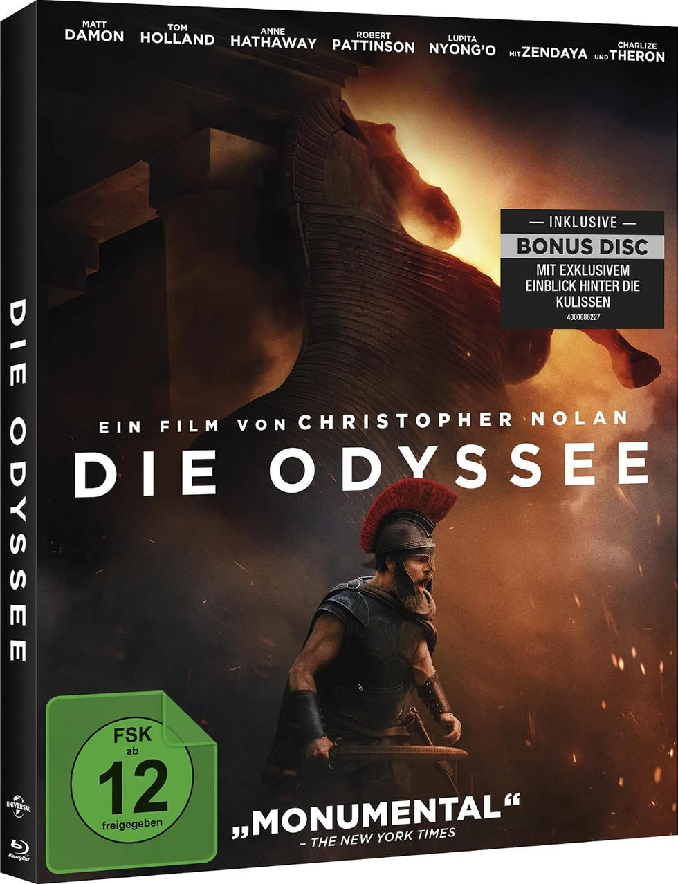 Blu-ray-Hülle von Die Odyssee mit Krieger in Rüstung und hölzernem Pferd im Hintergrund.