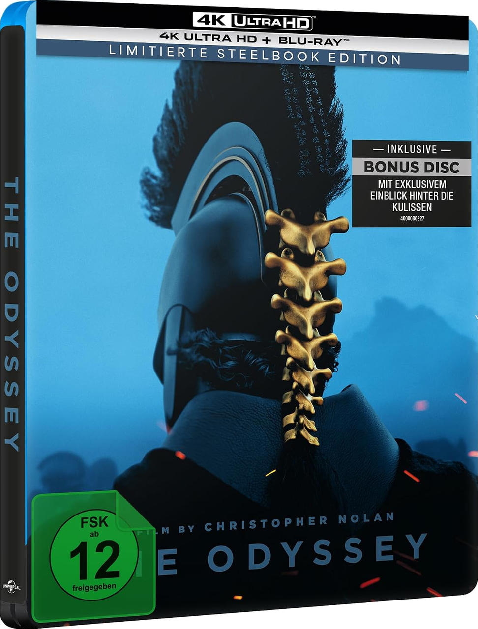 Blu-ray-Stahlbuchcover mit einem Kriegerhelm, der einen goldenen Rückenzopf hat, vor blauem Hintergrund.