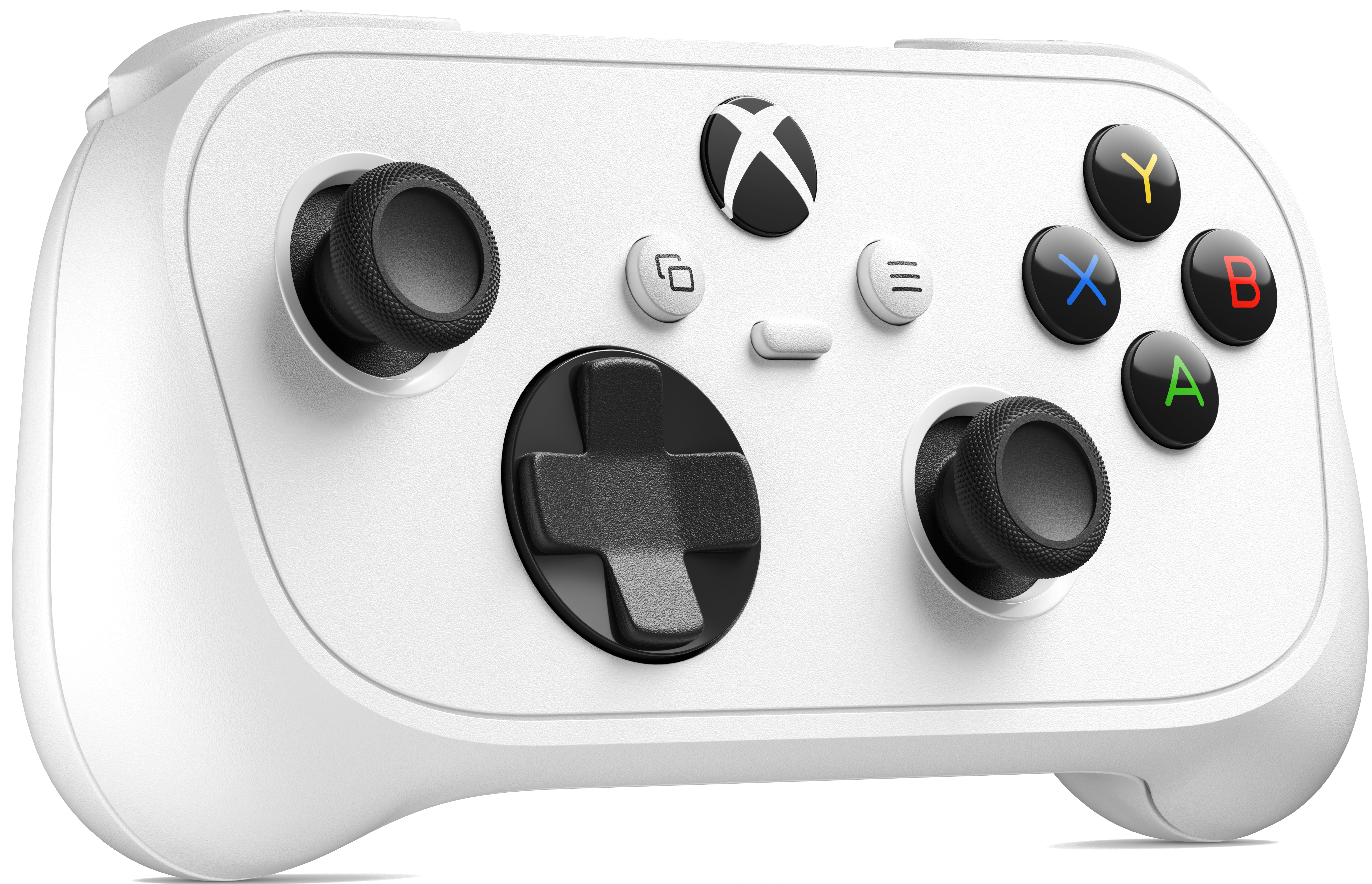 Ein weißer Xbox-Controller mit schwarzen Daumensticks, schwarzem Steuerkreuz und farbigen Aktionstasten auf weißem Grund.