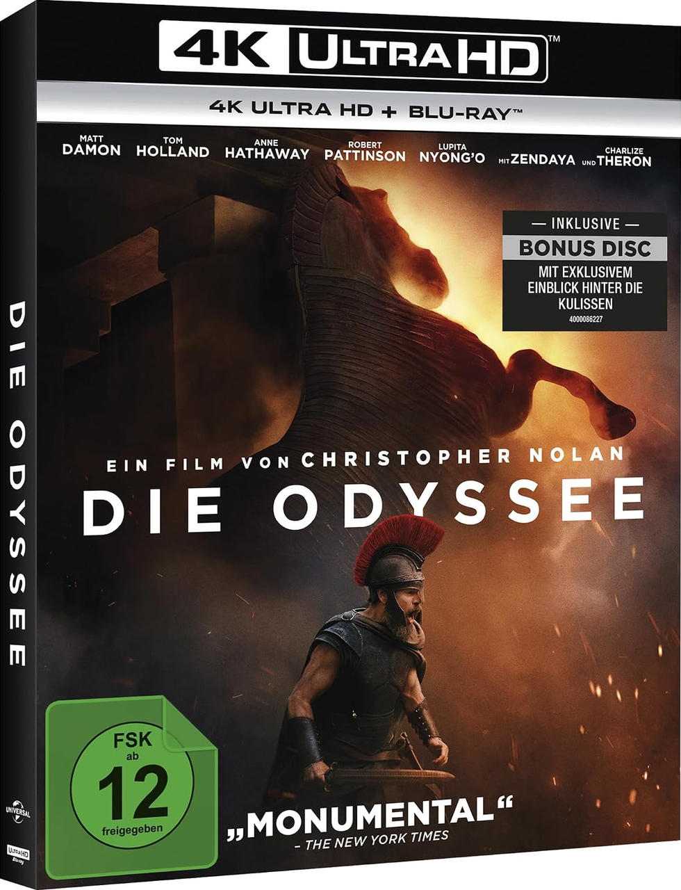 4K Ultra HD Blu-ray-Hülle von Die Odyssee mit Krieger in Rüstung, Trojanischem Pferd und FSK-12-Logo.