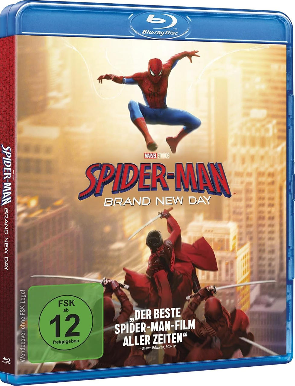 Spider-Man Blu-ray Cover mit Spider-Man in der Luft und Ninjas unten.