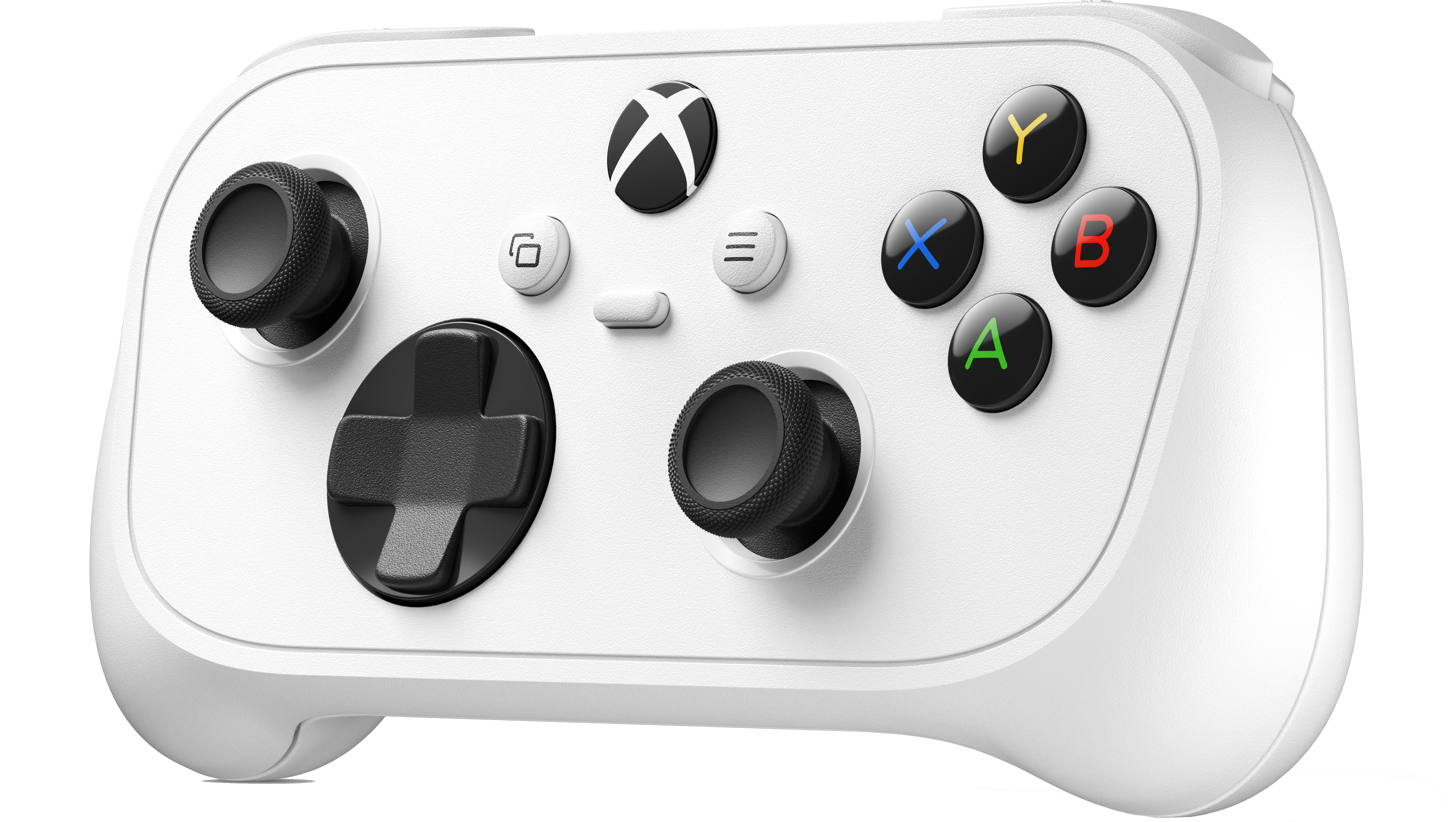 Weisser Xbox-Controller mit schwarzen Sticks und dem bekannten Tastenlayout auf weissem Hintergrund.