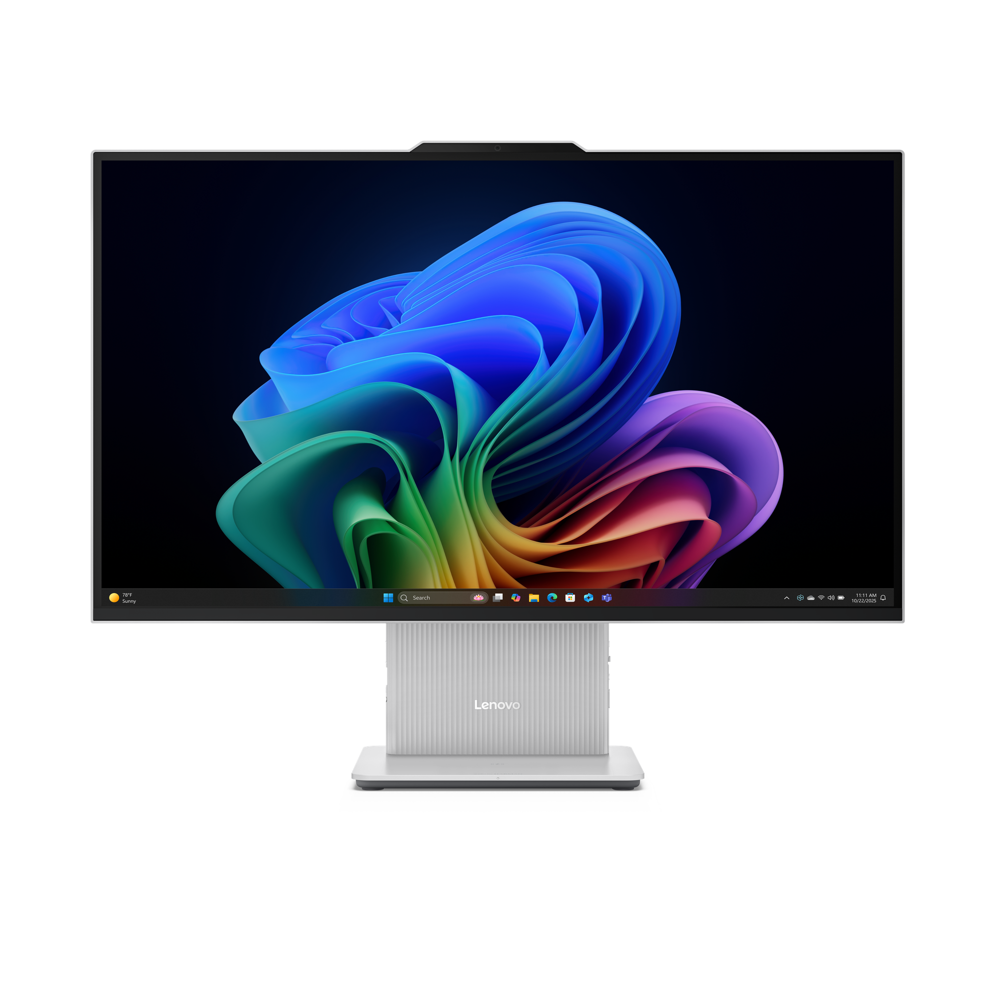 Een Lenovo all-in-one pc met een kleurrijke, gebogen achtergrond op een zwarte achtergrond.