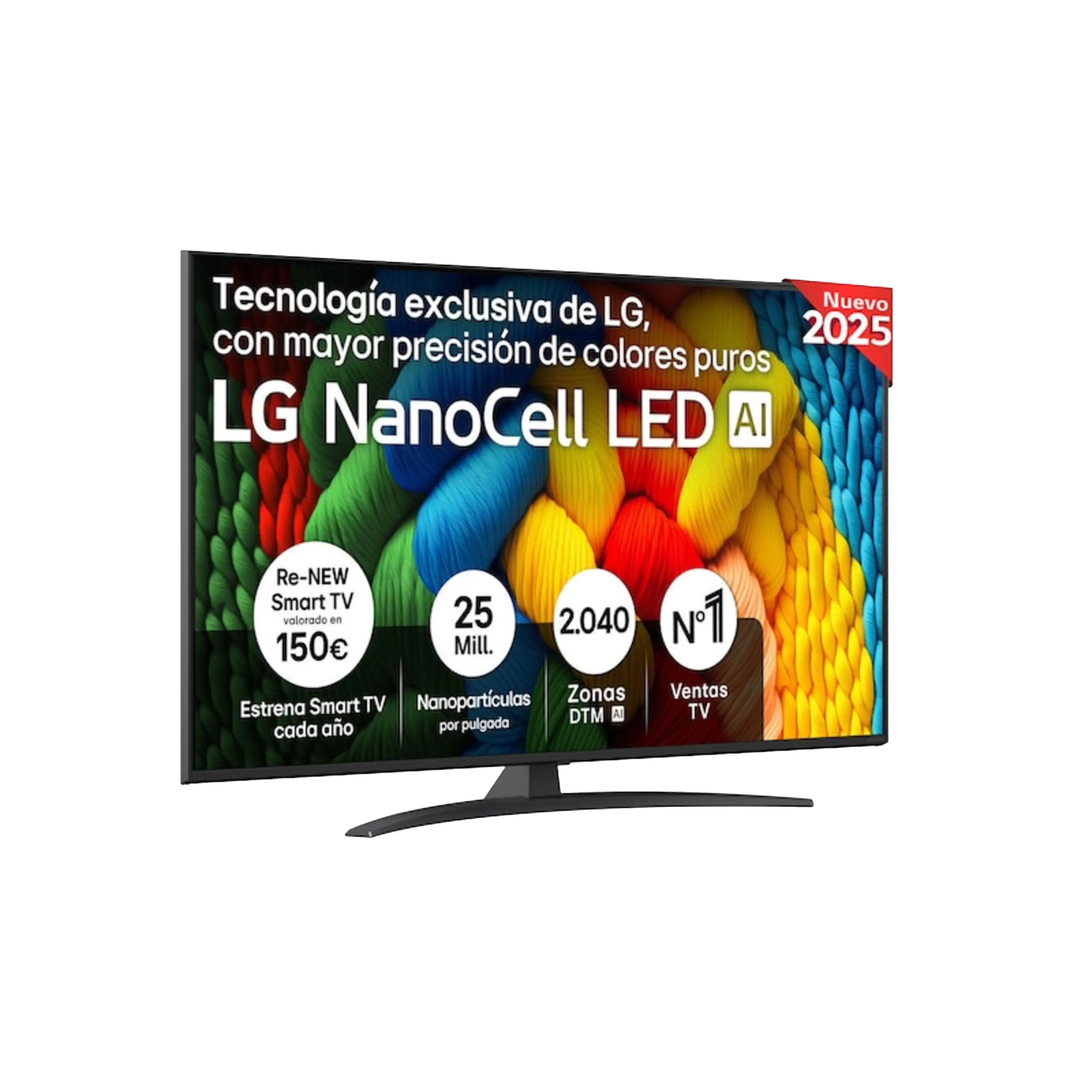 Telewizor LED LG NanoCell z kolorowym wyświetlaczem i hiszpańskim tekstem promocyjnym na czarnym tle.