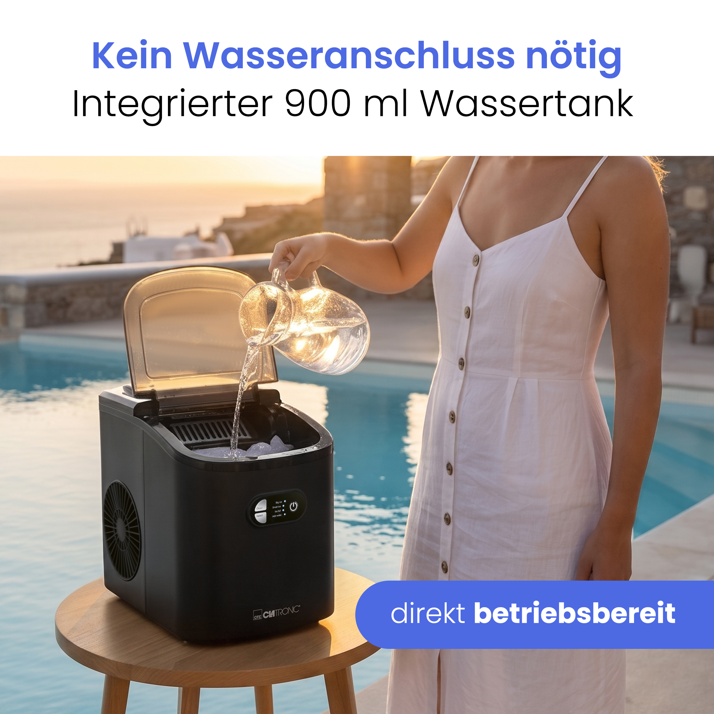 Eine Frau füllt Wasser in eine schwarze Eismaschine neben einem Pool.