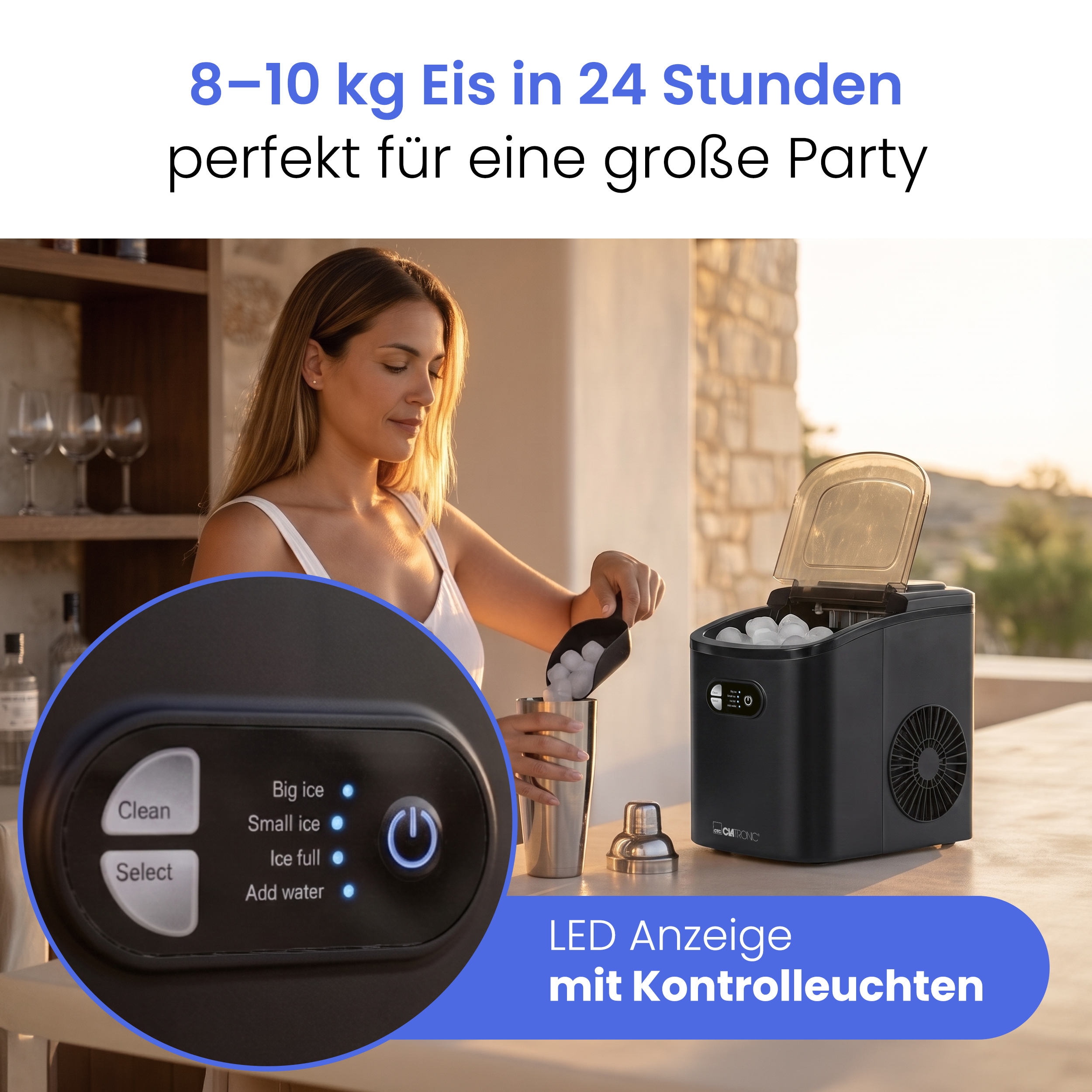 Frau füllt Eiswürfel in einen Shaker; daneben steht ein schwarzer Eisbereiter mit beleuchtetem Bedienfeld.