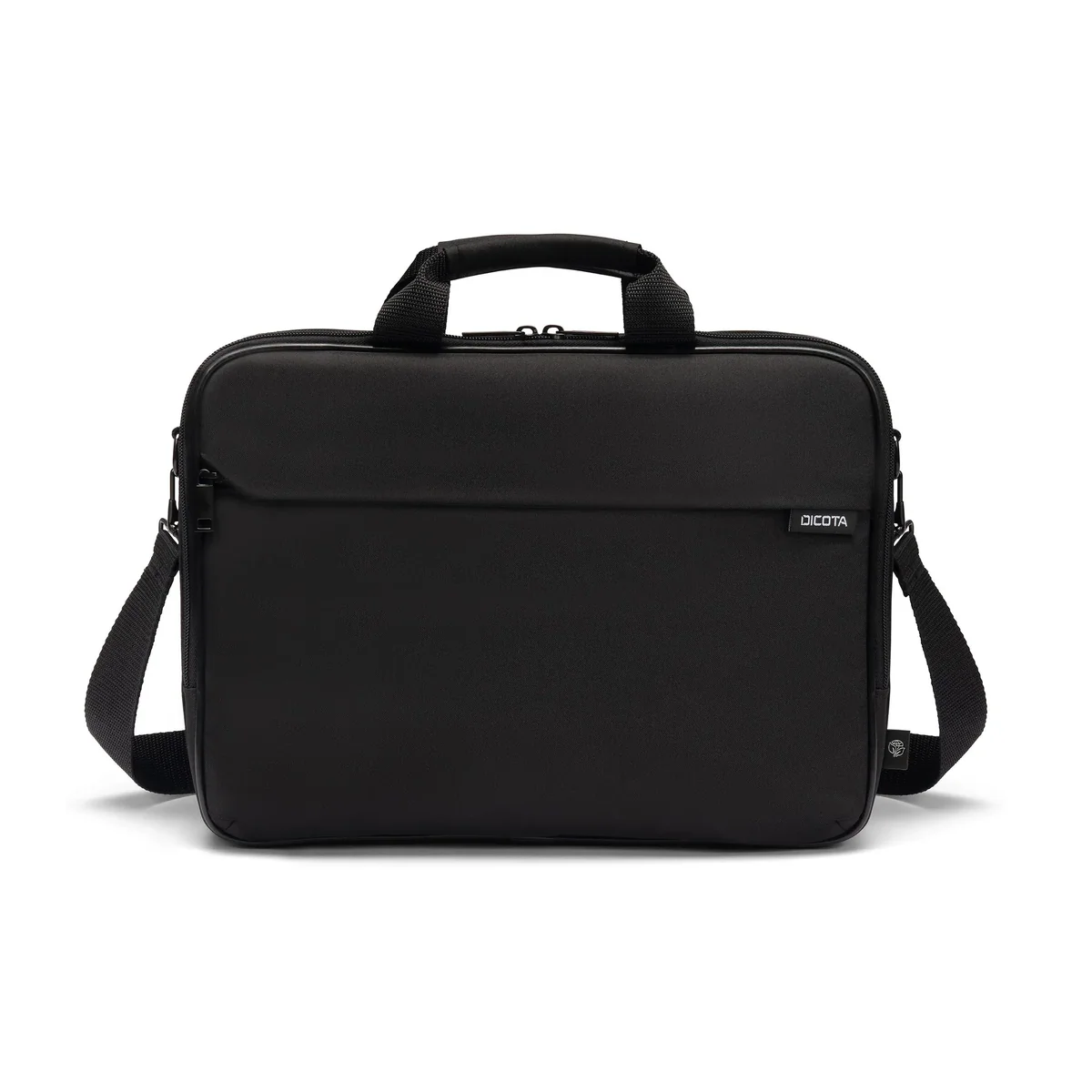 Fekete Dicota laptoptáska fülekkel és vállpánttal fehér háttér előtt.