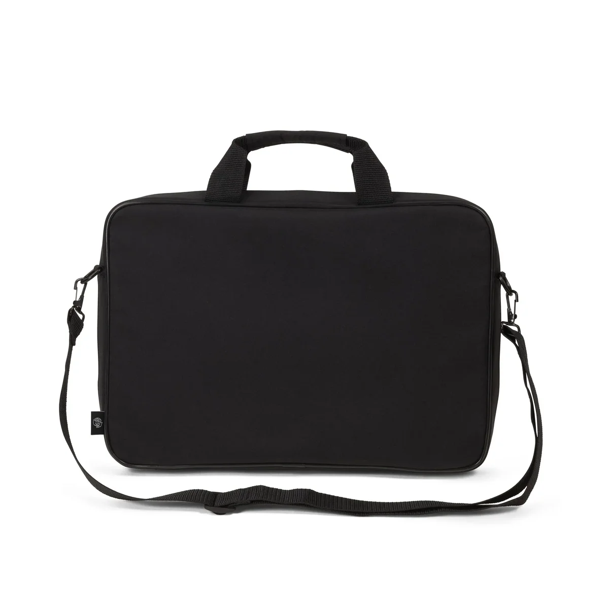 Egy fekete laptoptáska hordozófüllel és levehető vállpánttal fehér háttér előtt.
