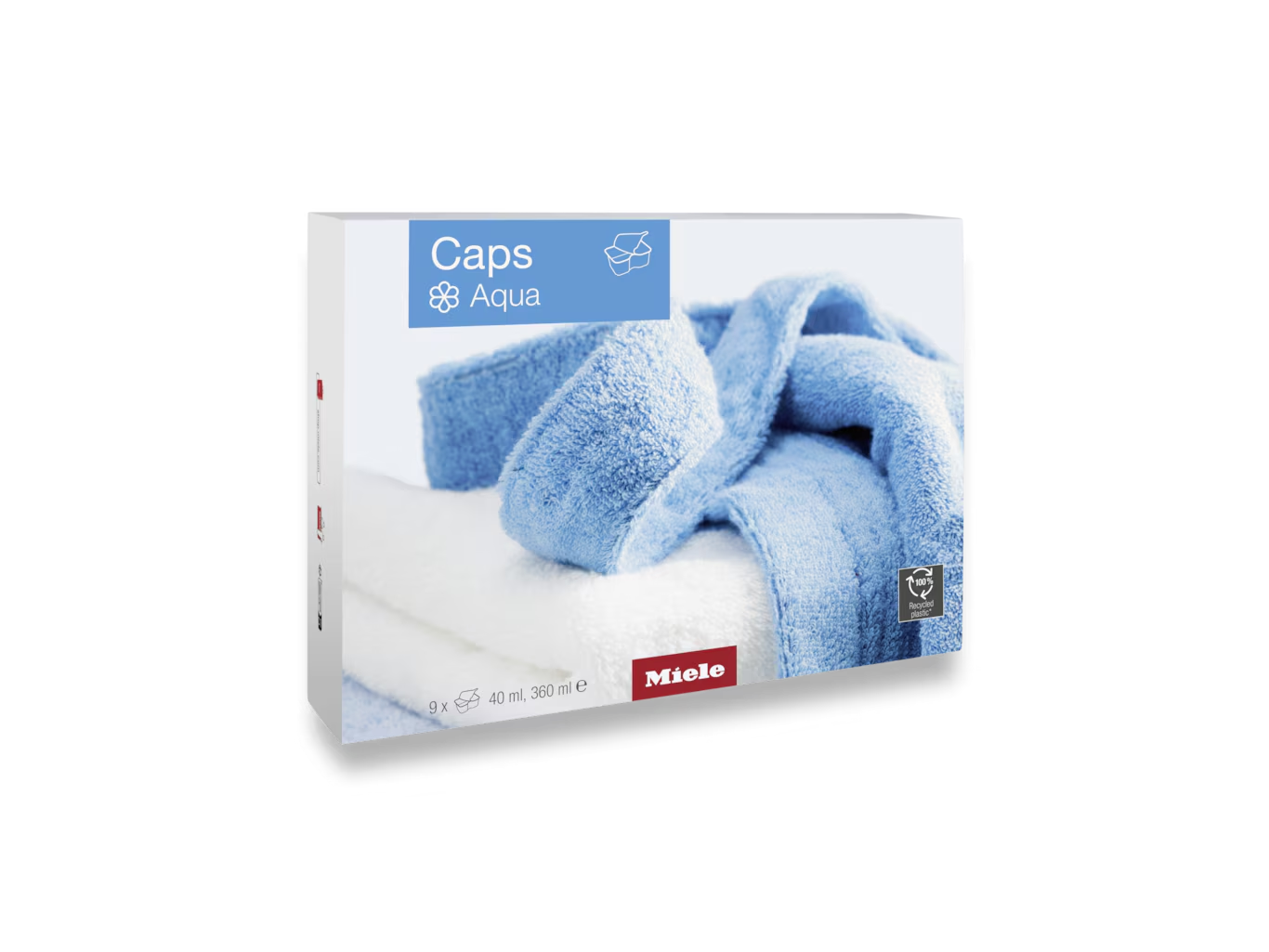 Miele Caps Aqua termékdoboz összehajtott kék és fehér törölközőkkel.