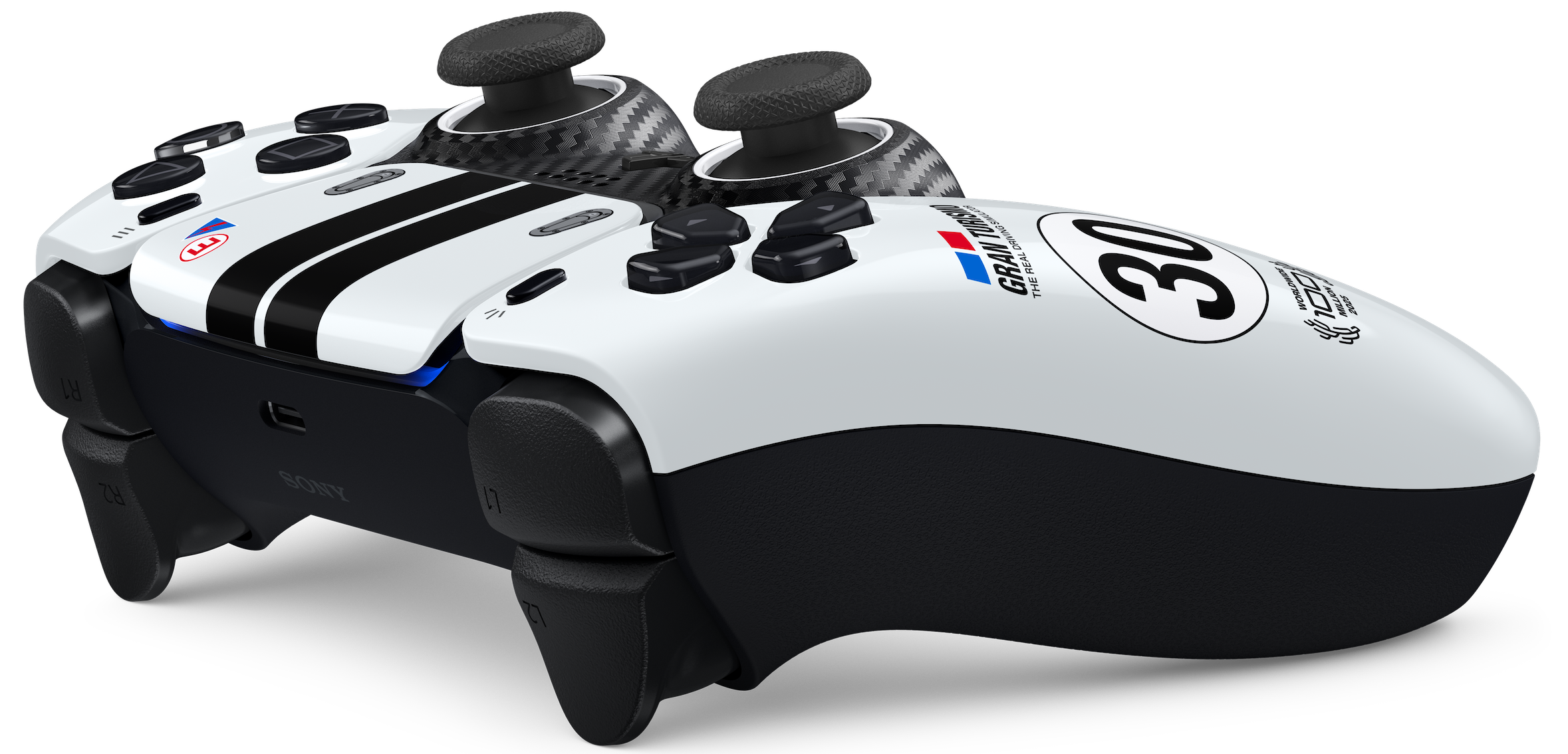 Ein weiß-schwarzer PlayStation-Controller im Gran-Turismo-Design mit Rennstreifen und der Aufschrift 30.