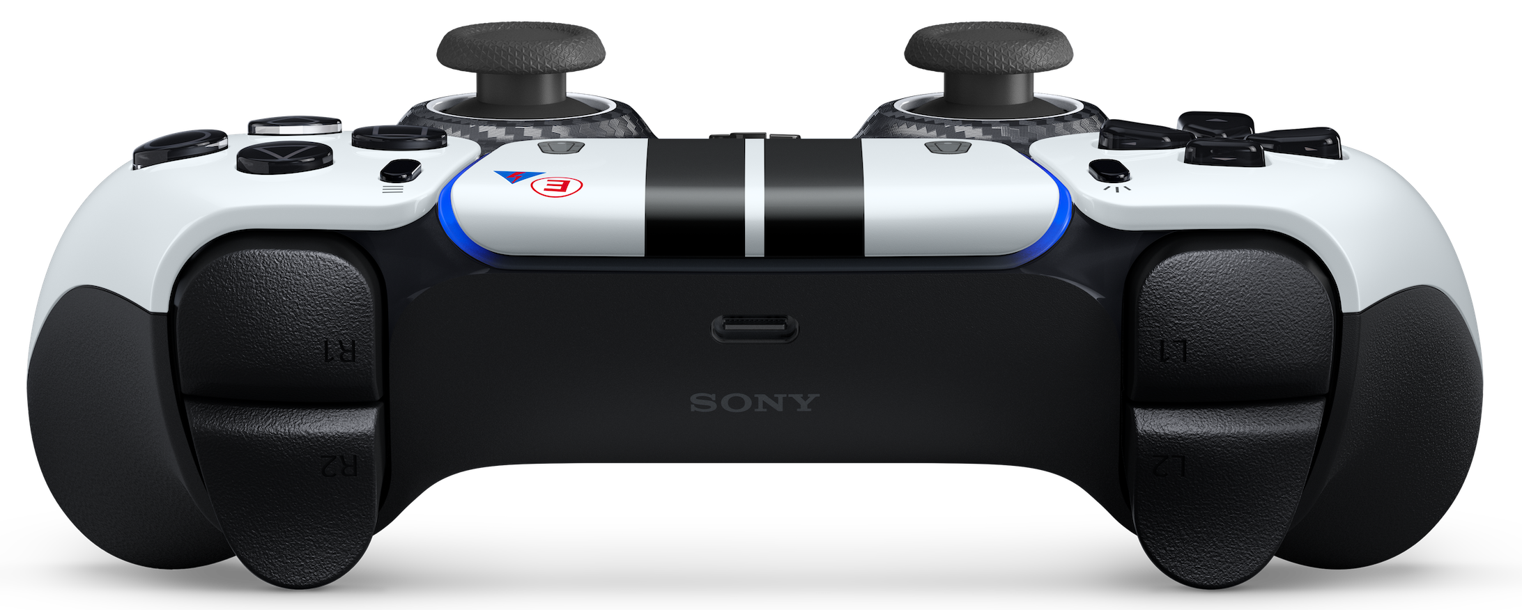 Ein schwarz-weißer Sony-Gamecontroller mit zwei Analog-Sticks, strukturierten Griffen und Rennstreifen-Design.