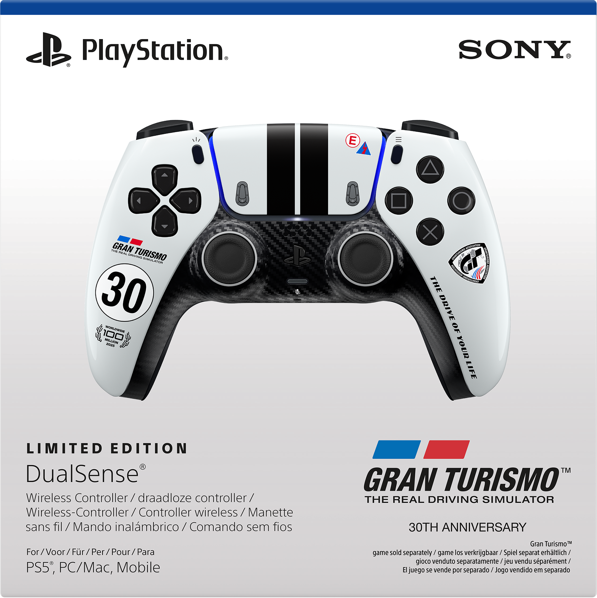 Limitierter PlayStation 5 DualSense Controller im Gran Turismo 30th Anniversary Design mit weißen und schwarzen Streifen.