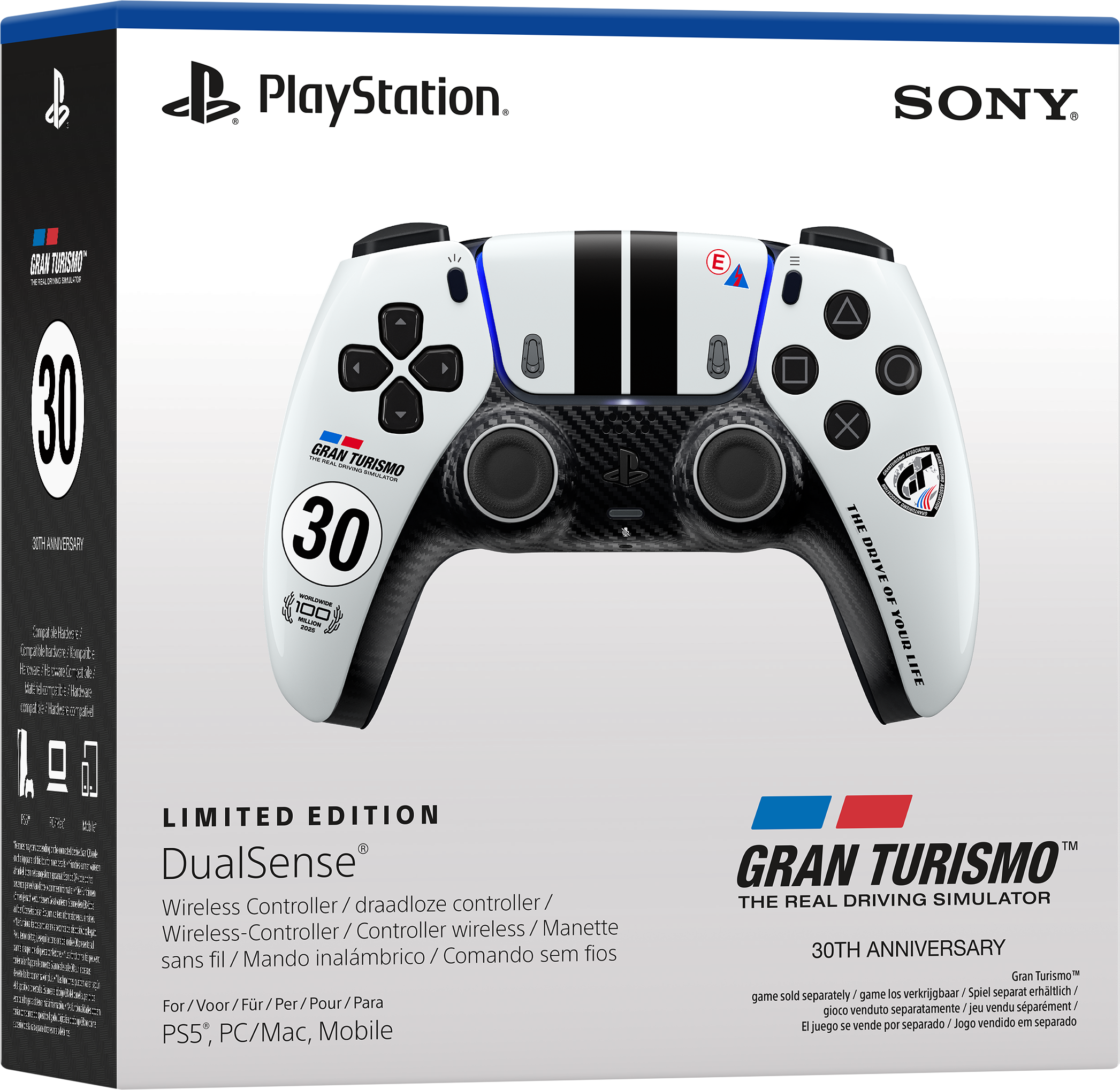 Limitierten Gran Turismo 30th Anniversary DualSense Wireless-Controller für PS5 in Weiß, Schwarz und Carbon.