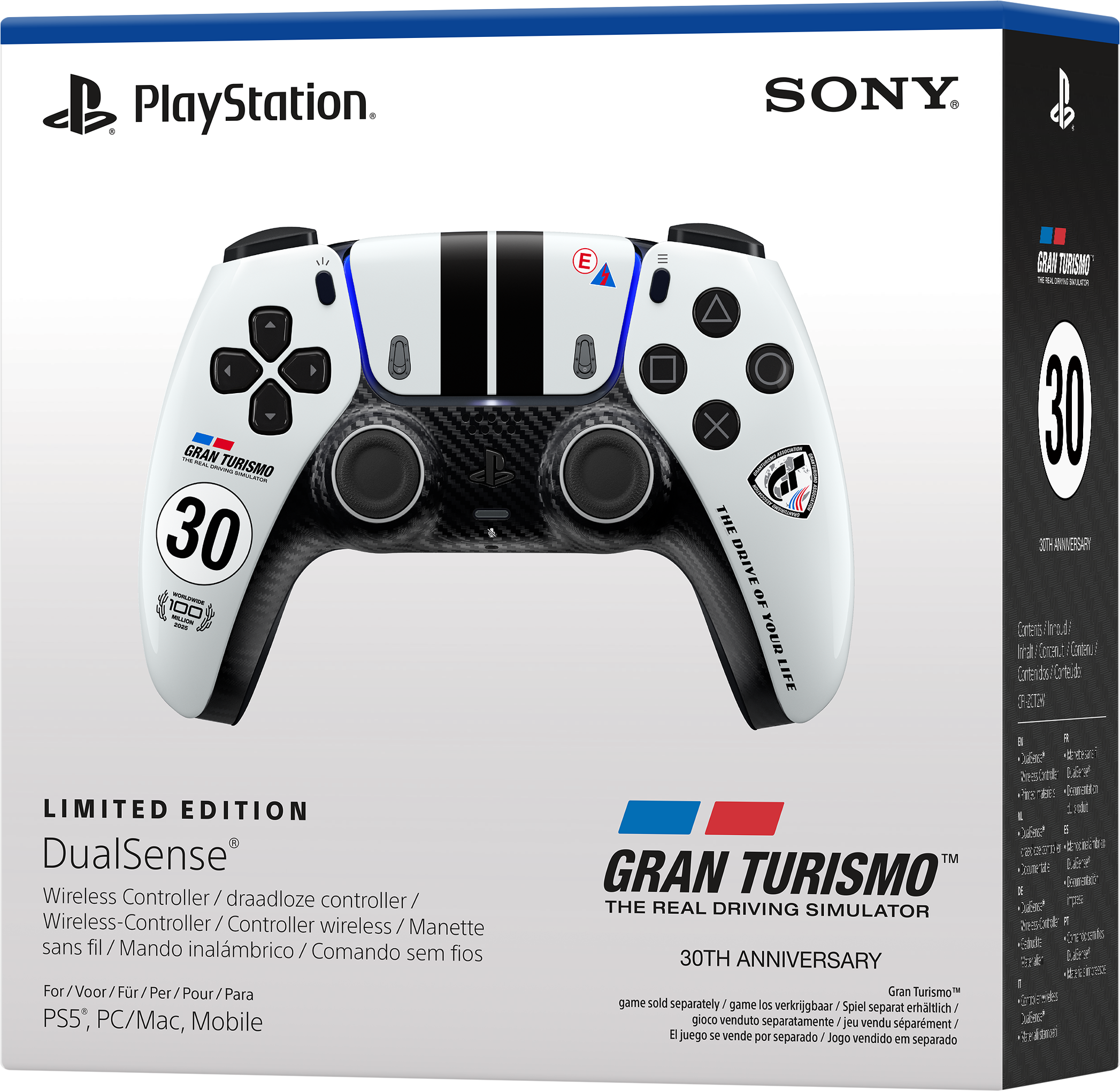 Limitierter DualSense Wireless Controller im Gran Turismo 30th Anniversary Design auf weißer Verpackung.