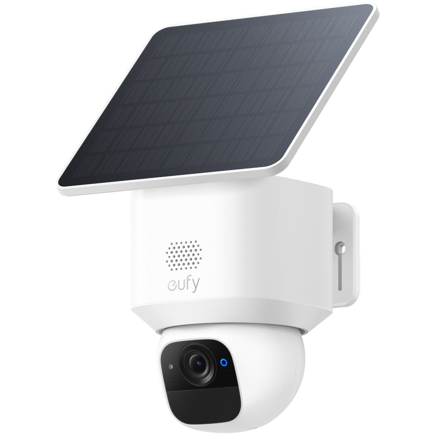 A white eufy security camera with a solar panel against a white background.