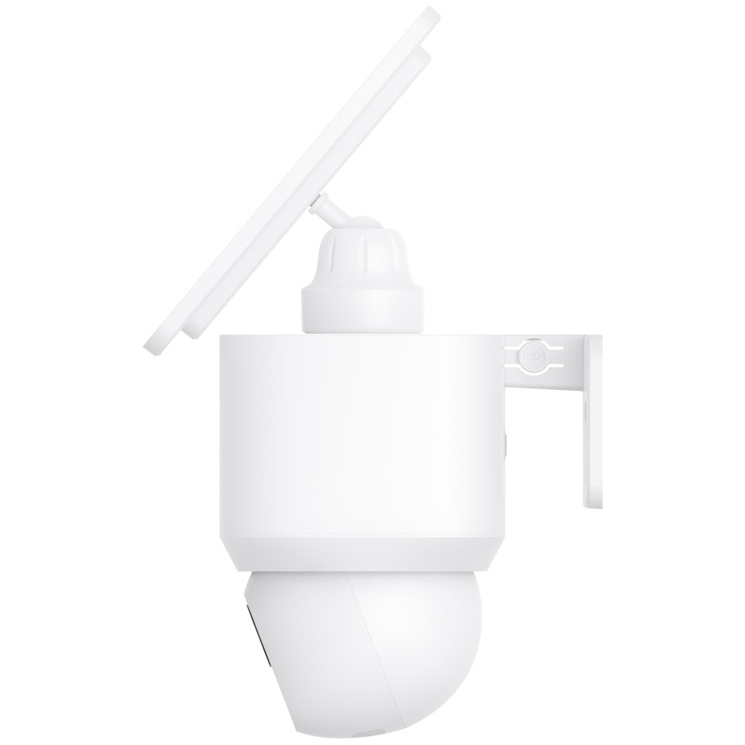 A white security camera with an integrated solar panel against a white background.