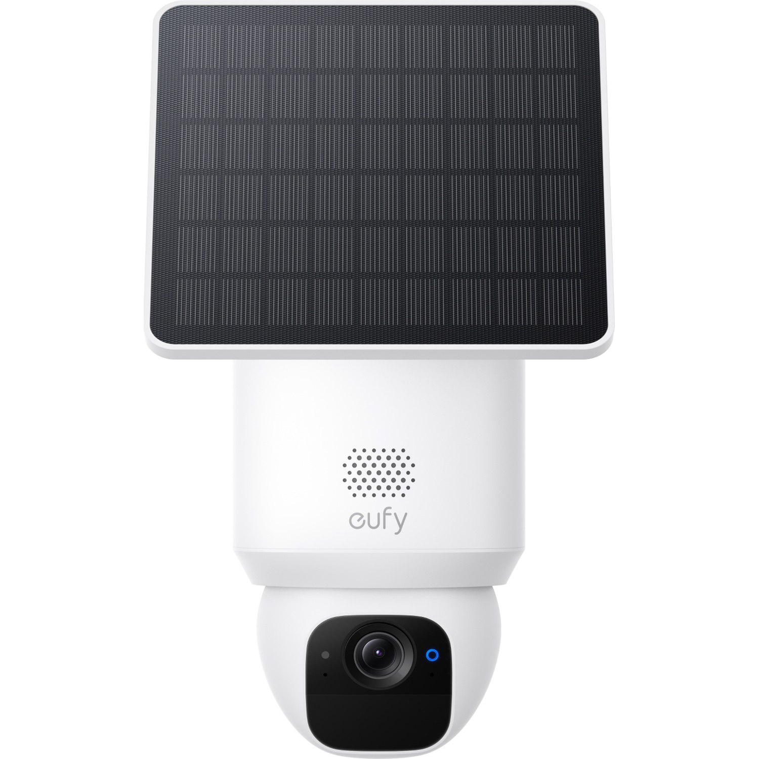A white Eufy security camera with an integrated solar panel on top against a white background.