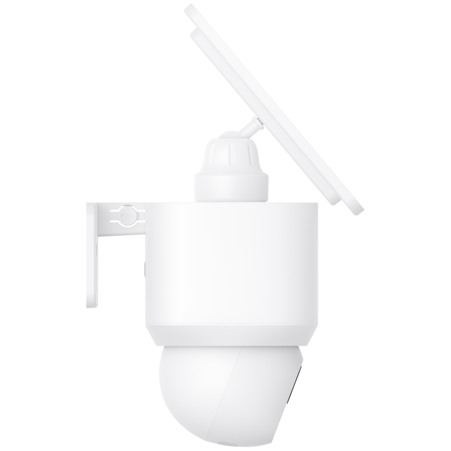 A white security camera with a solar panel on a wall mount against a white background.