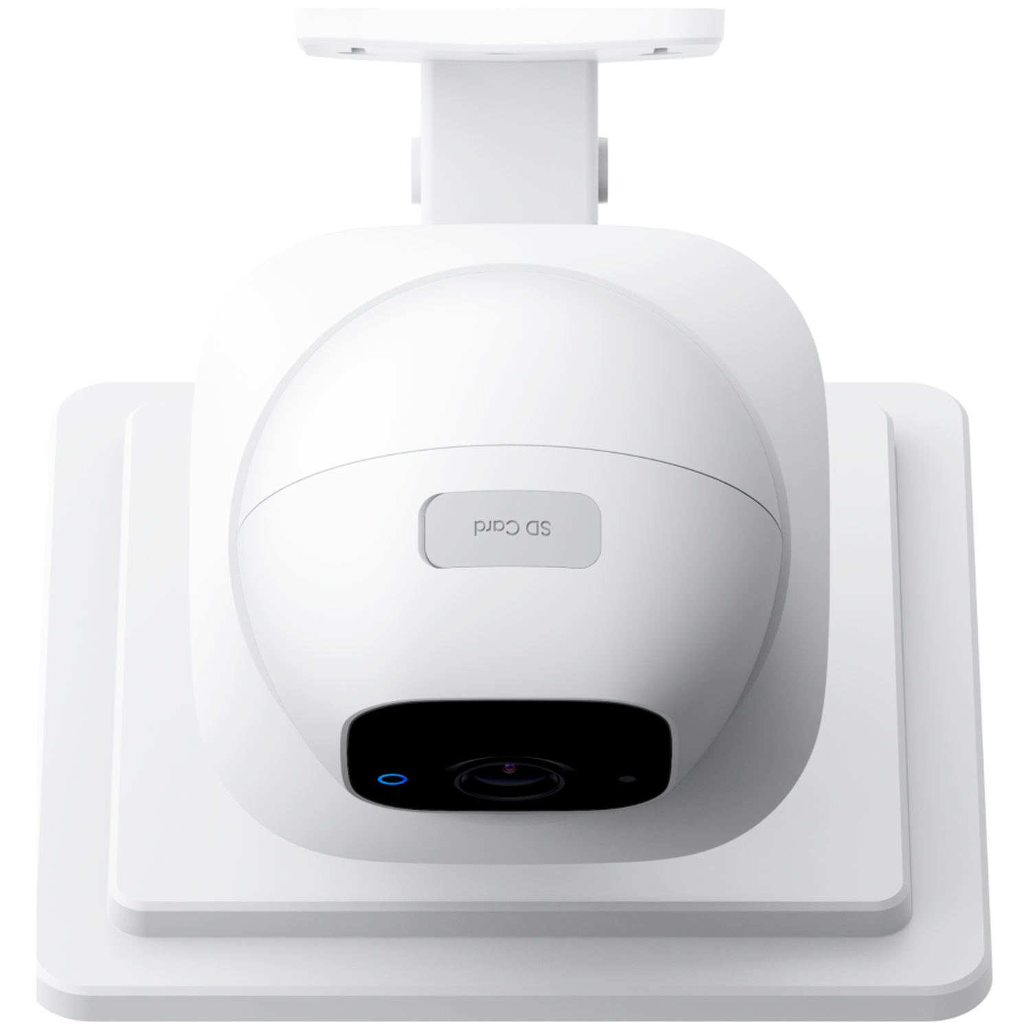 A white security camera with an SD card slot is mounted on a white square base against a white background.