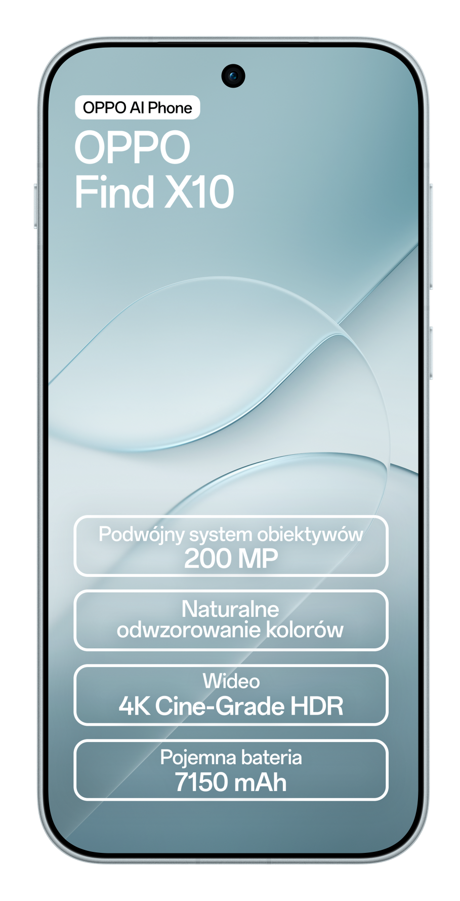 Smartfon OPPO Find X10 z jasnoniebieskim ekranem i specyfikacjami technicznymi.