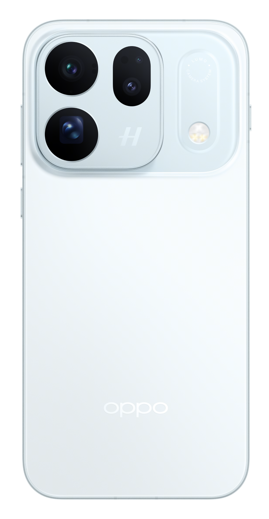 Tył białego smartfona z potrójnym aparatem i logo Oppo.