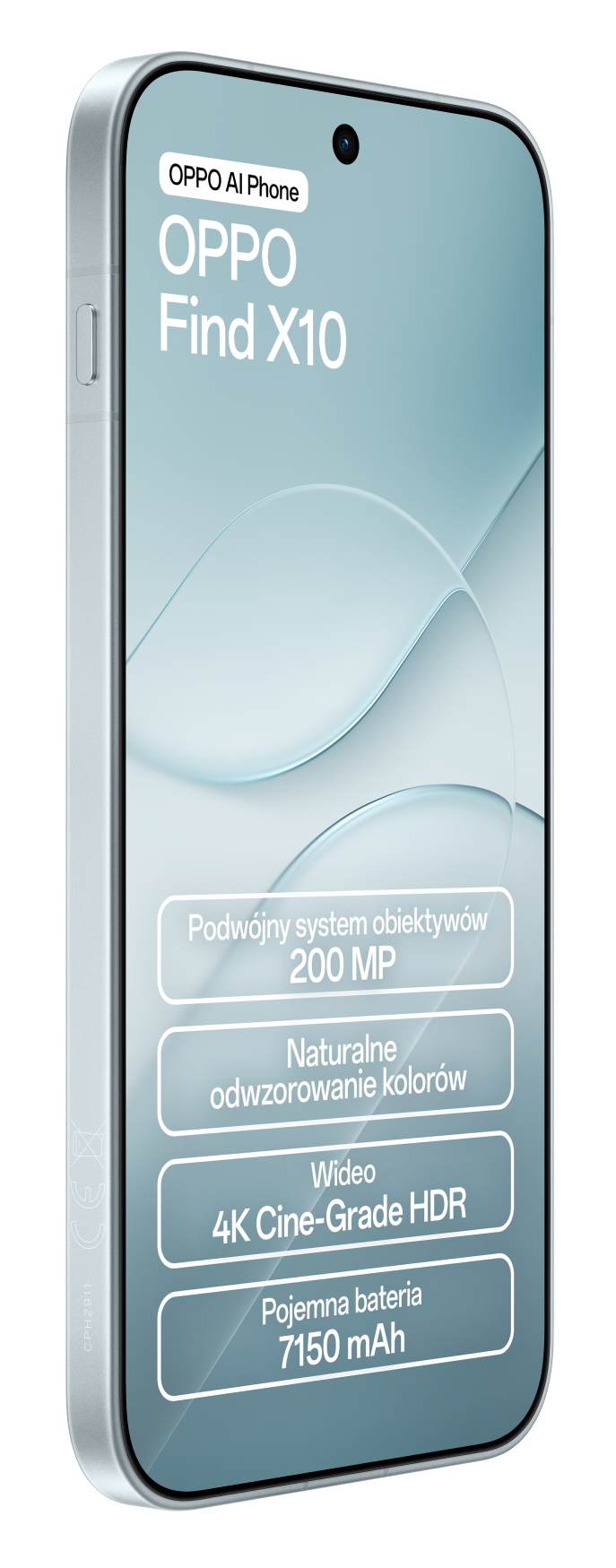Smartfon OPPO Find X10 wyświetlający specyfikację na ekranie na czarnym tle.