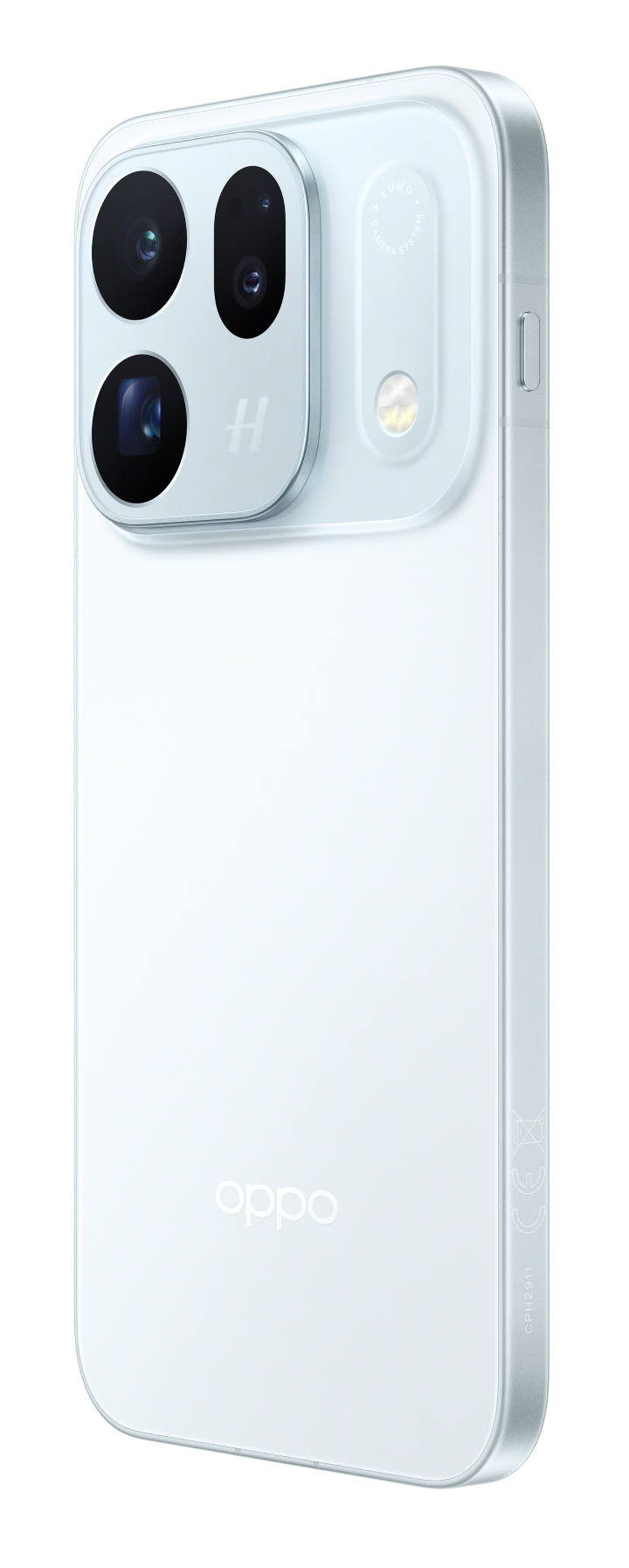 Tył jasnoniebieskiego smartfona z wyrazistym modułem aparatu i logo Oppo.