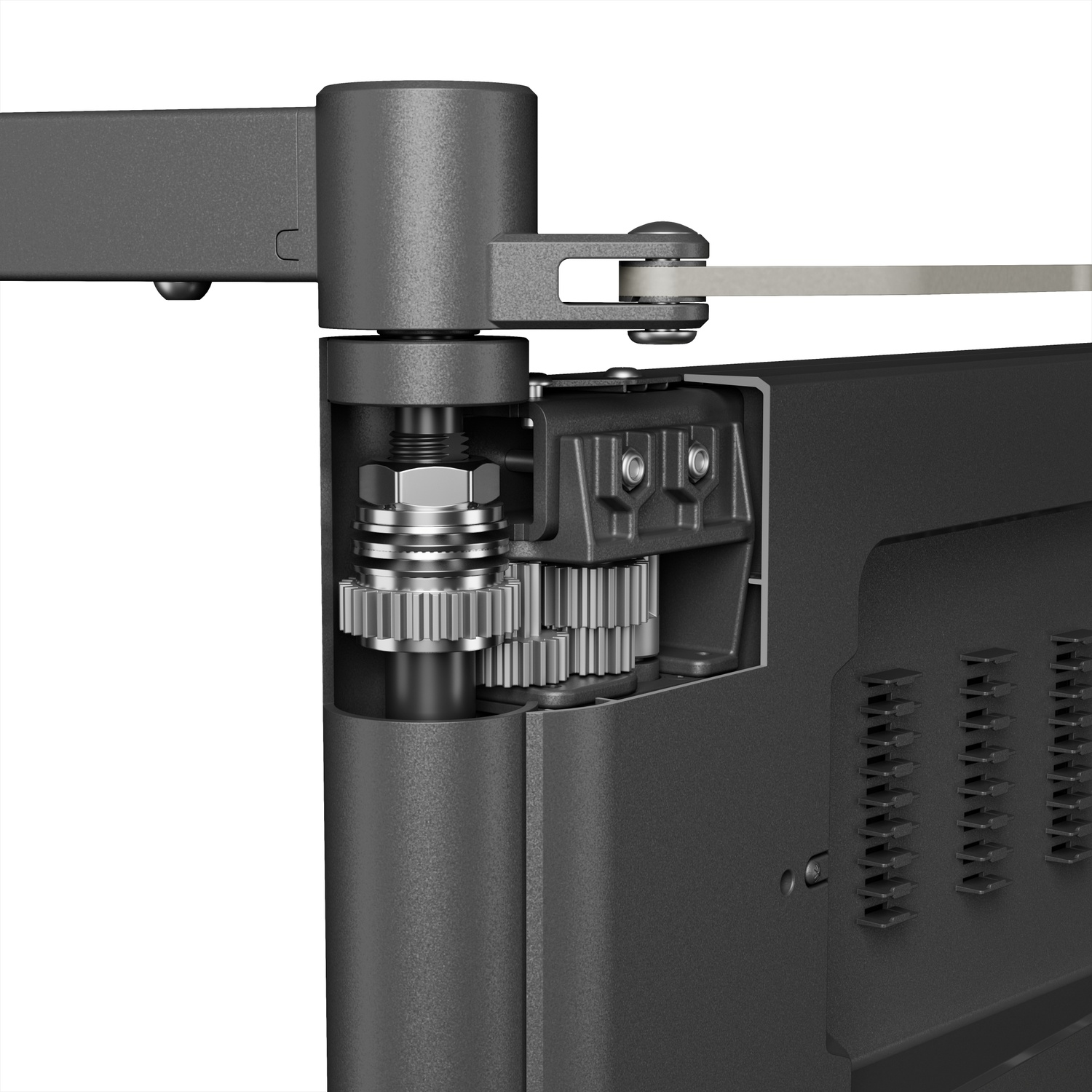 Doorsnede van een zwart metalen mechanisme met zilveren tandwielen en een moer op een witte achtergrond.