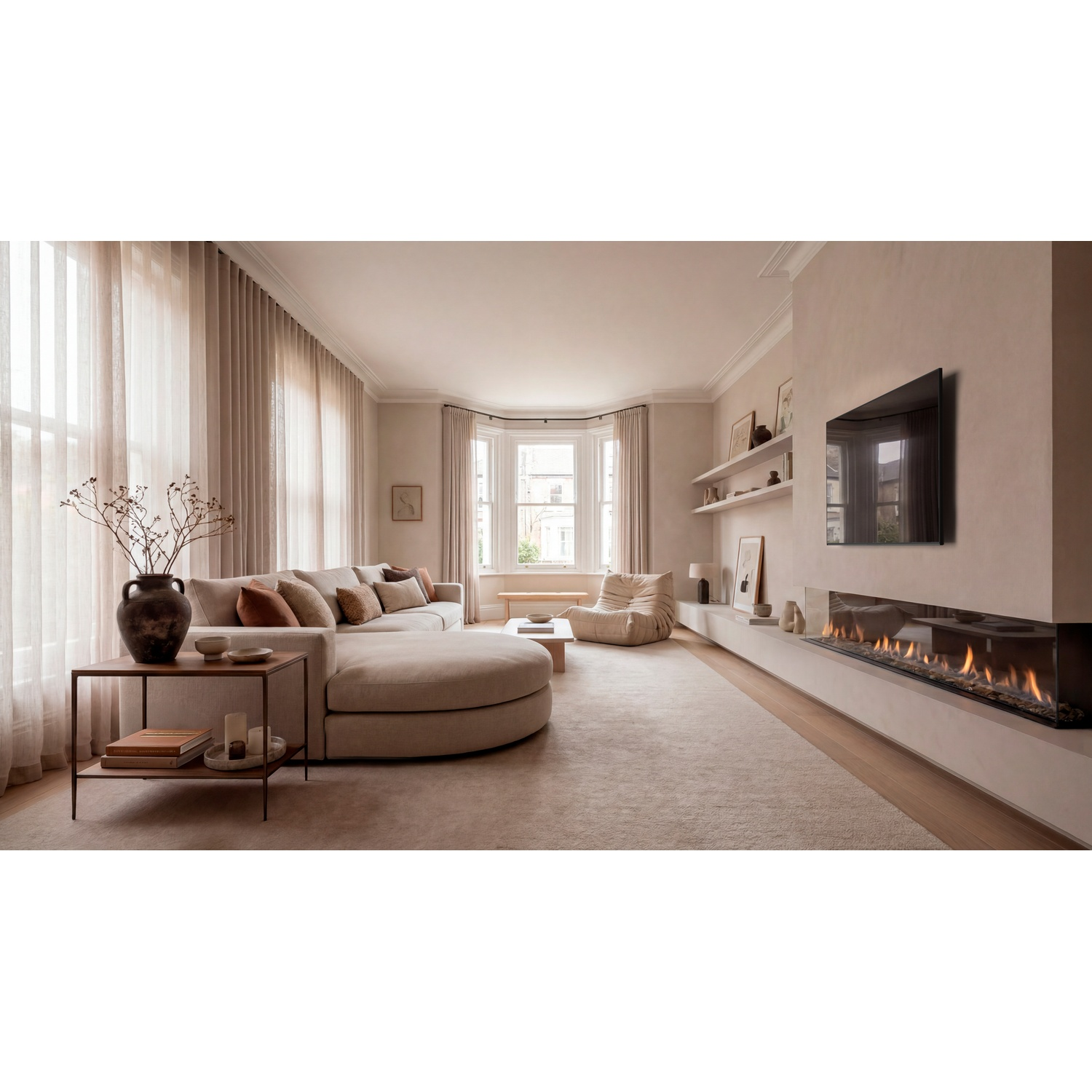 Een moderne, neutrale woonkamer met grote bank, haard en tv.