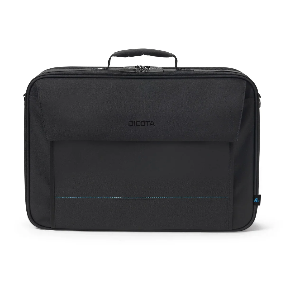 Fekete Dicota laptoptáska hordozófüllel, fehér háttér előtt.