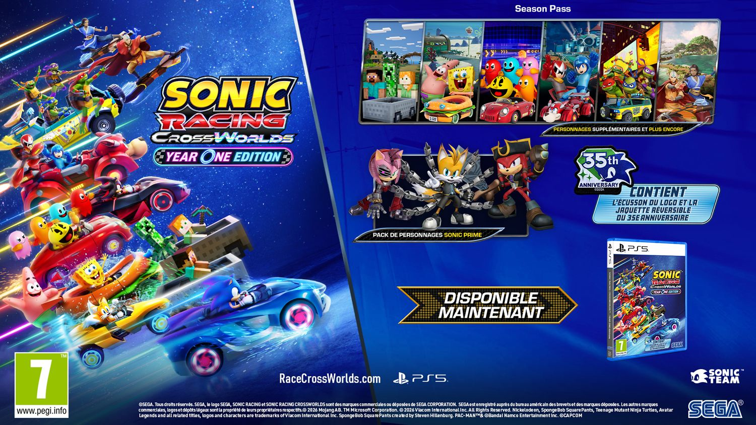 Werbebild für Sonic Racing Crossworlds Year One Edition mit Sonic, Charakteren und Spielinhalten.