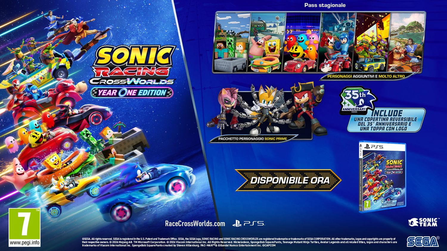 Sonic Racing Crossworlds Year One Edition für PS5 mit bunten Charakteren und Rennfahrzeugen auf blauem Hintergrund.