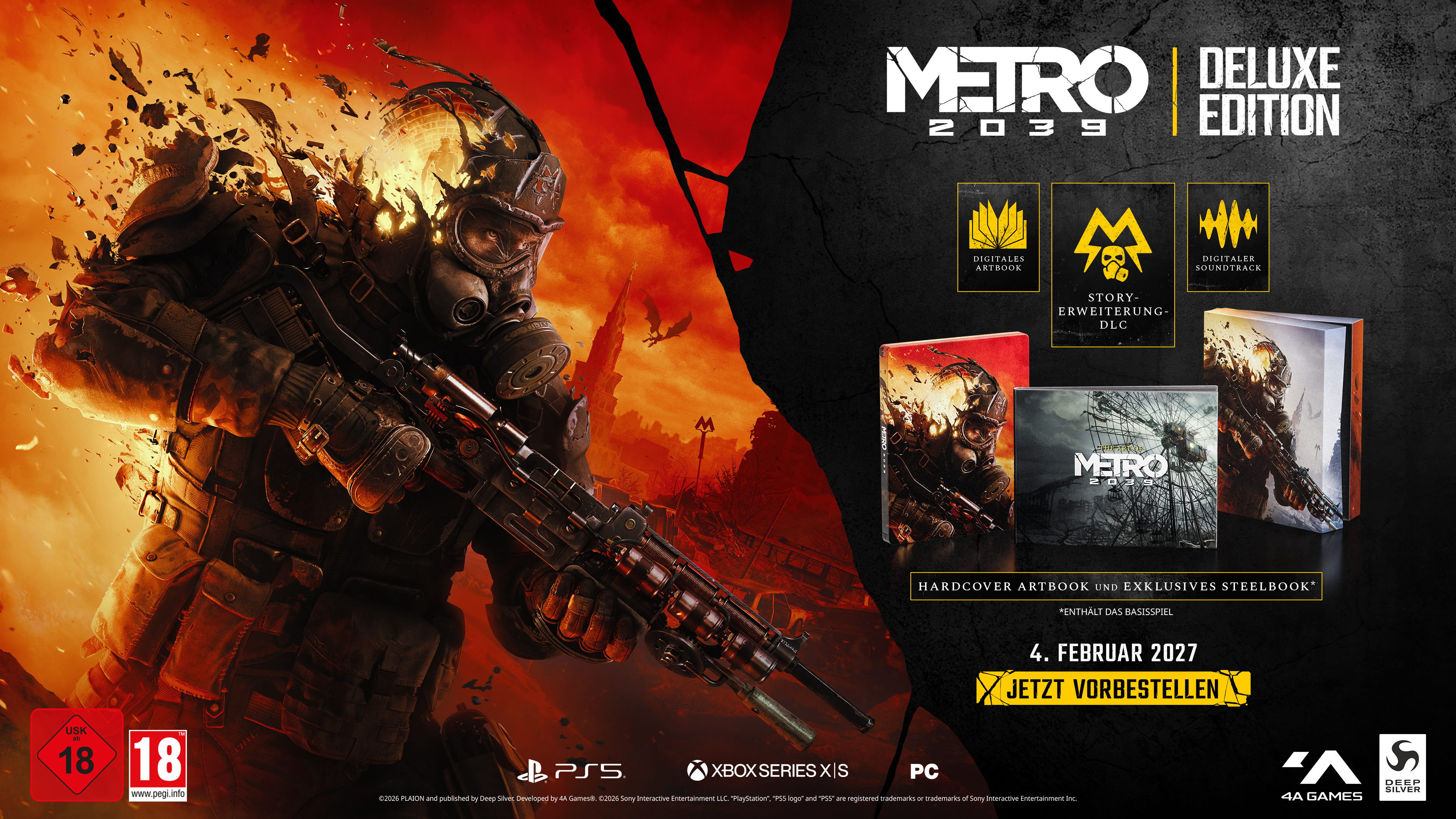 Metro 2039 Deluxe Edition Poster mit Soldat in Gasmaske und Vorbestellungs-Infos.
